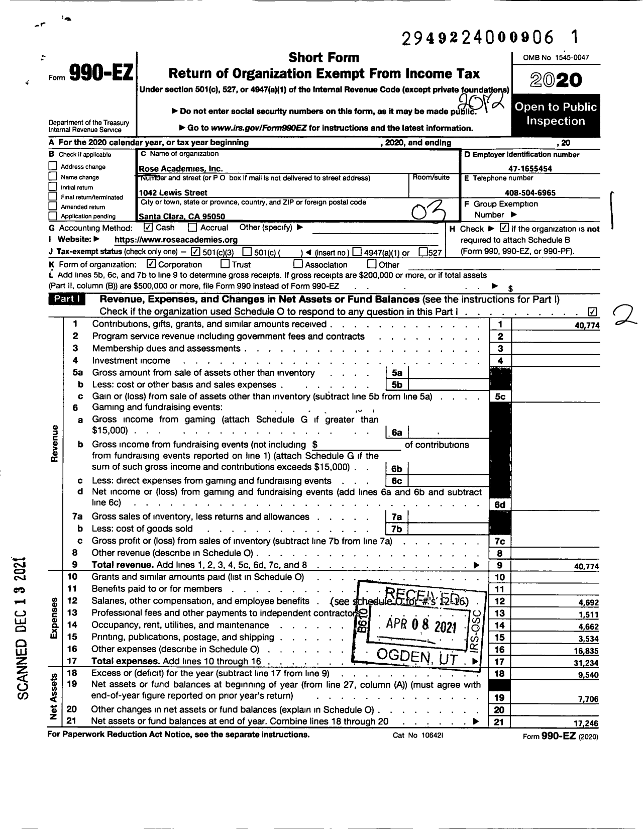 Image of first page of 2020 Form 990EZ for Rose Academies