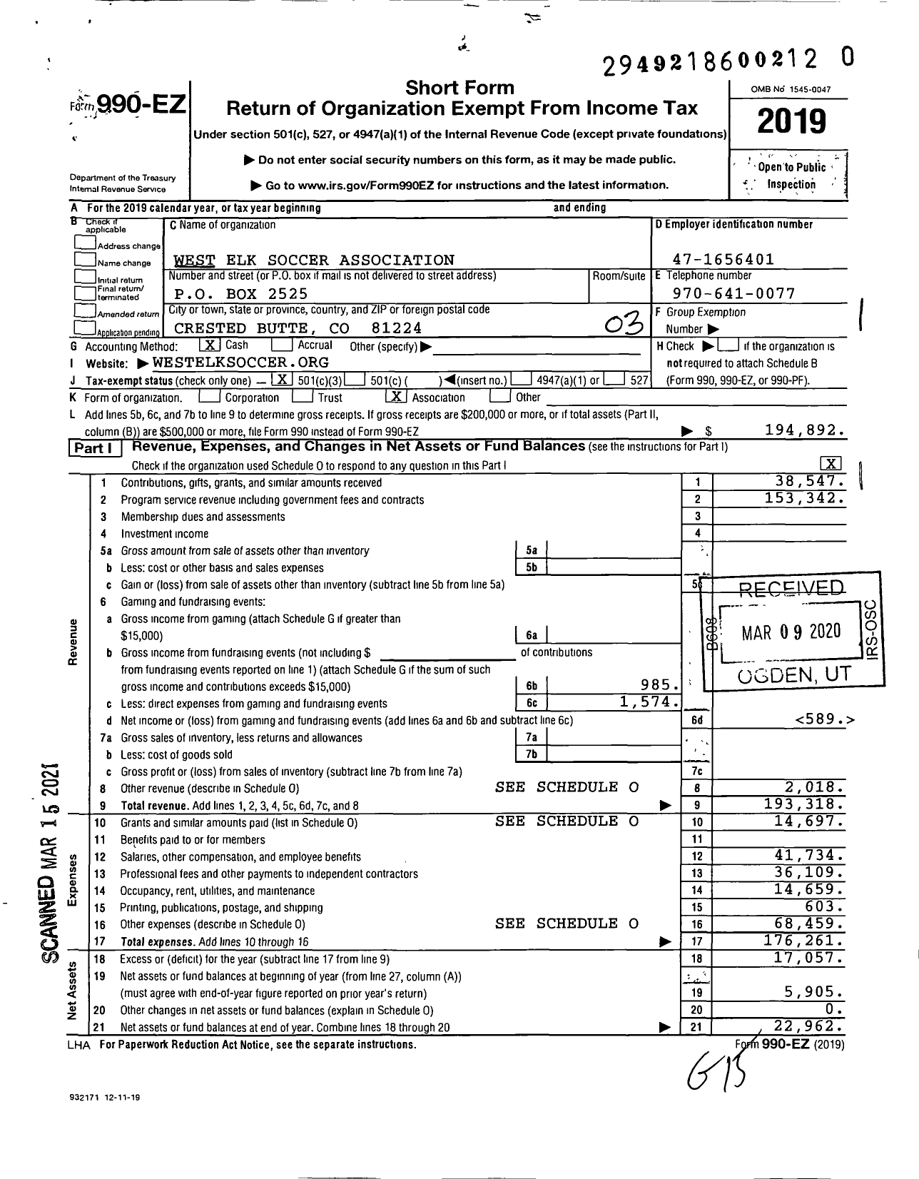 Image of first page of 2019 Form 990EZ for West Elk Soccer Association