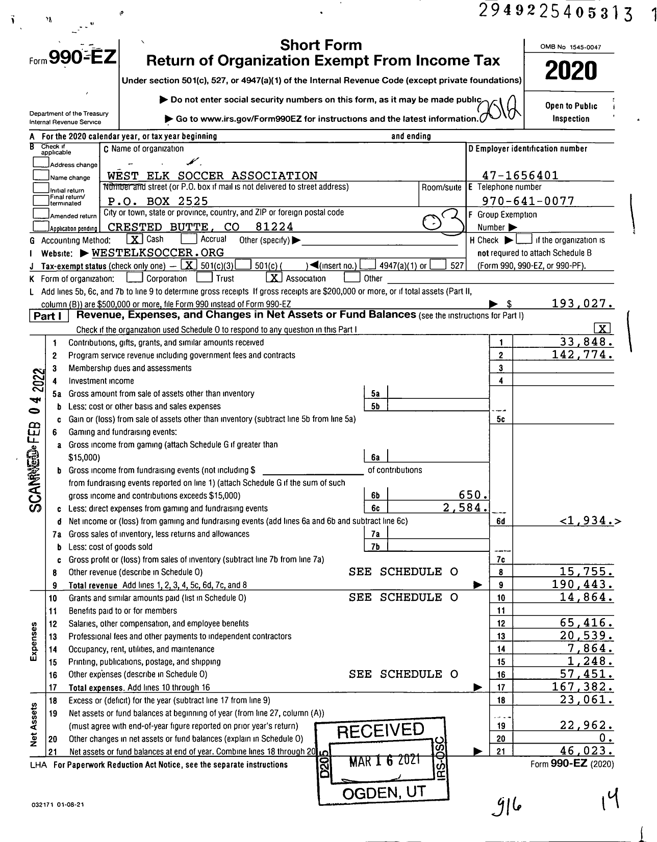 Image of first page of 2020 Form 990EZ for West Elk Soccer Association