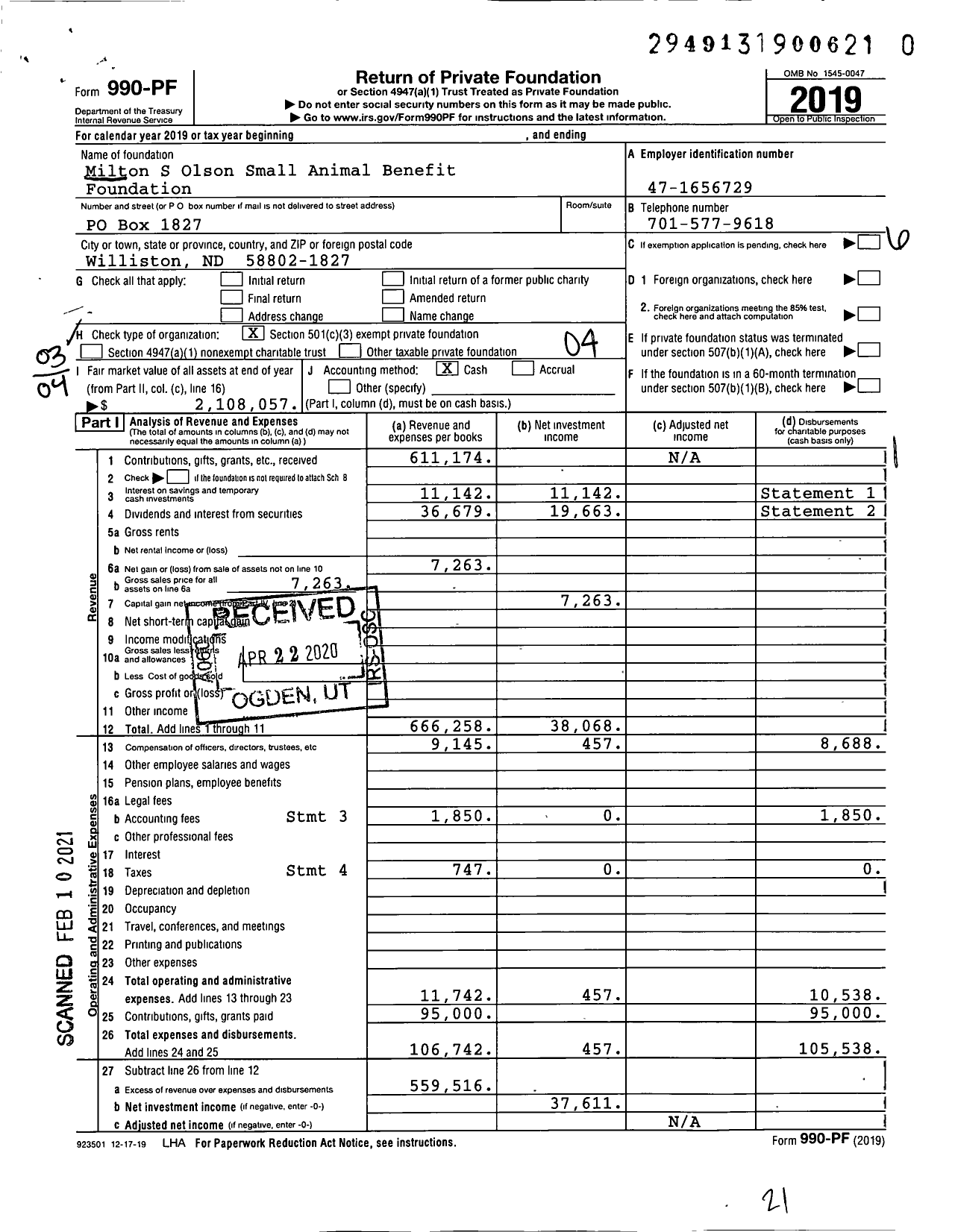 Image of first page of 2019 Form 990PF for Milton S Olson Small Animal Benefit Foundation