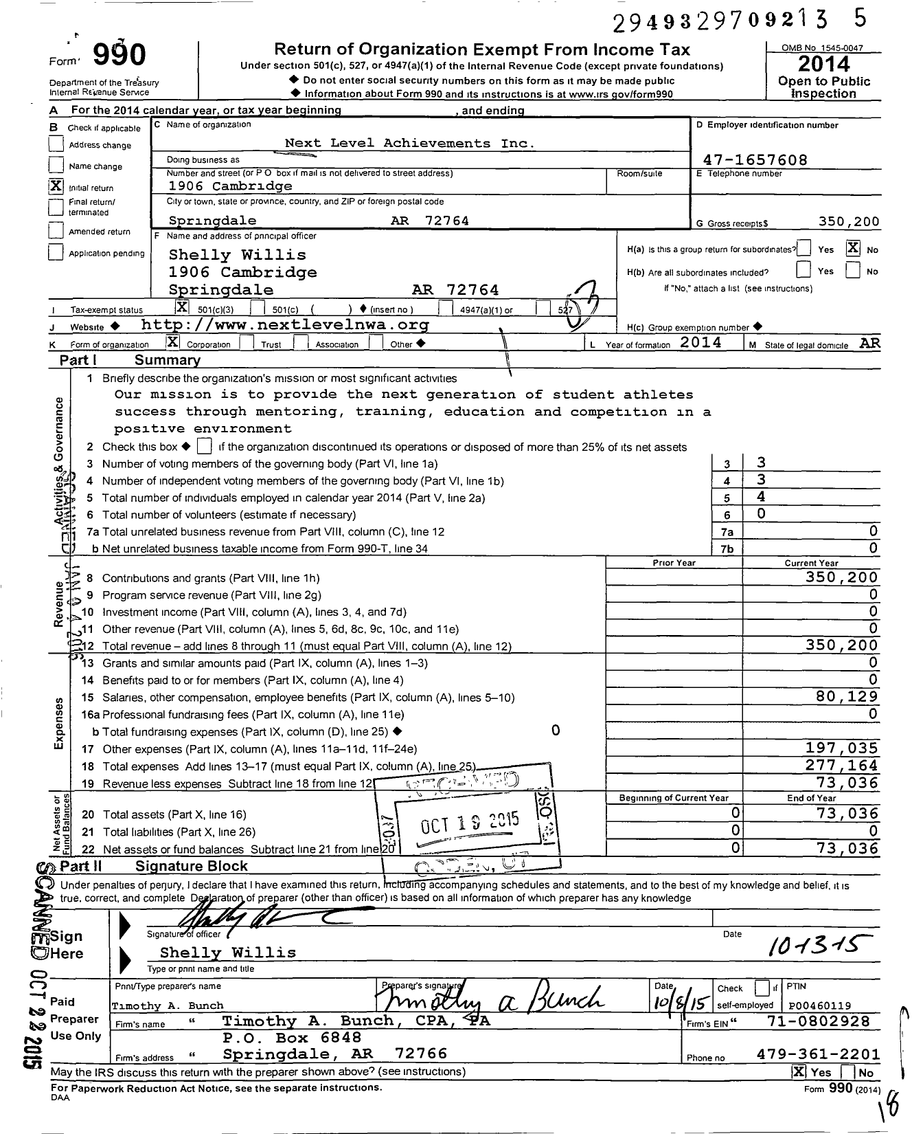 Image of first page of 2014 Form 990 for Next Level Achievements