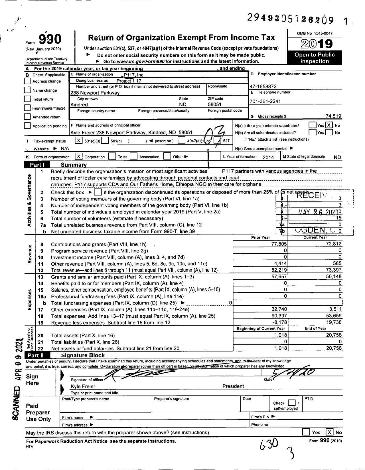 Image of first page of 2019 Form 990 for Project 117