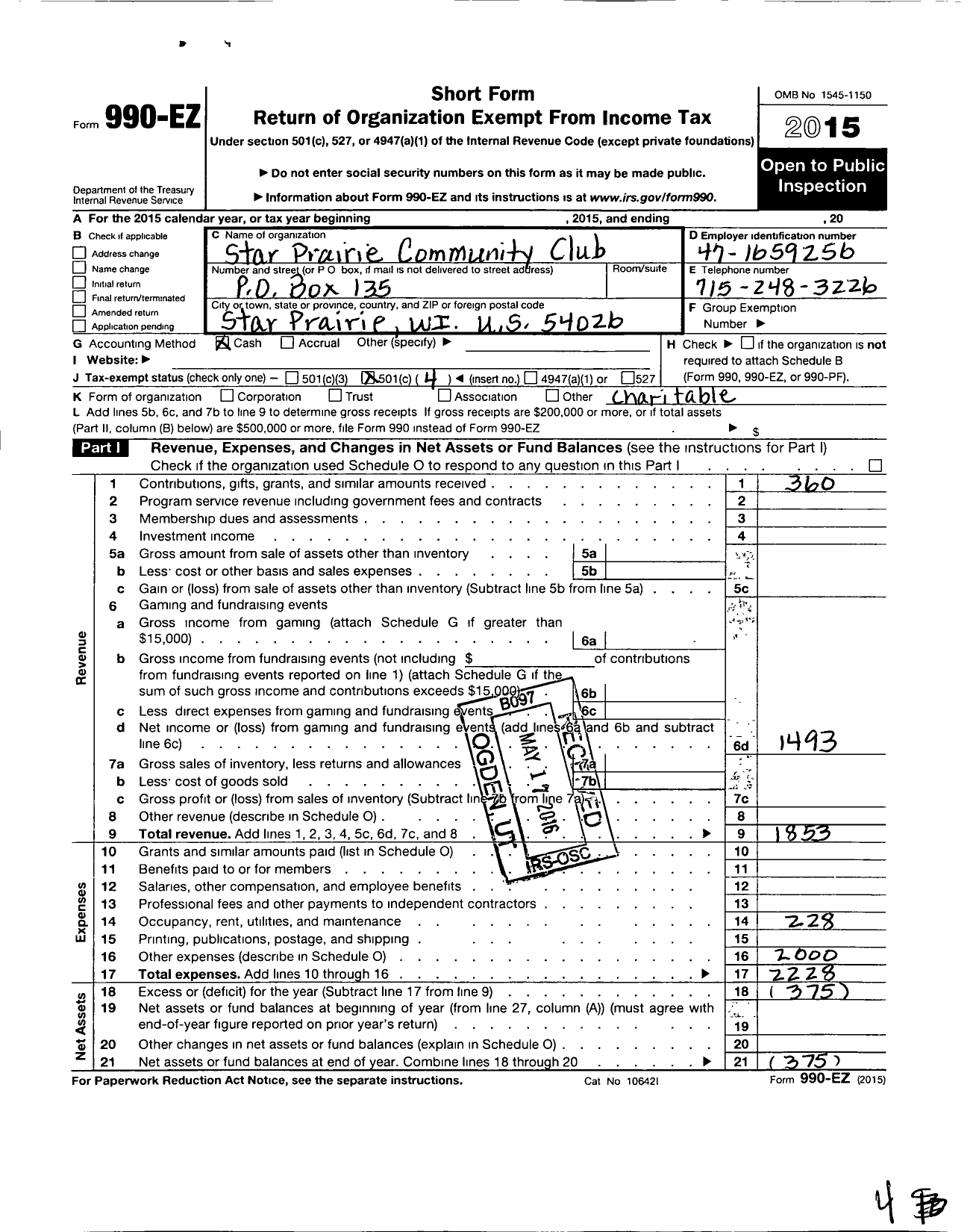 Image of first page of 2015 Form 990EO for Star Prairie Community Club