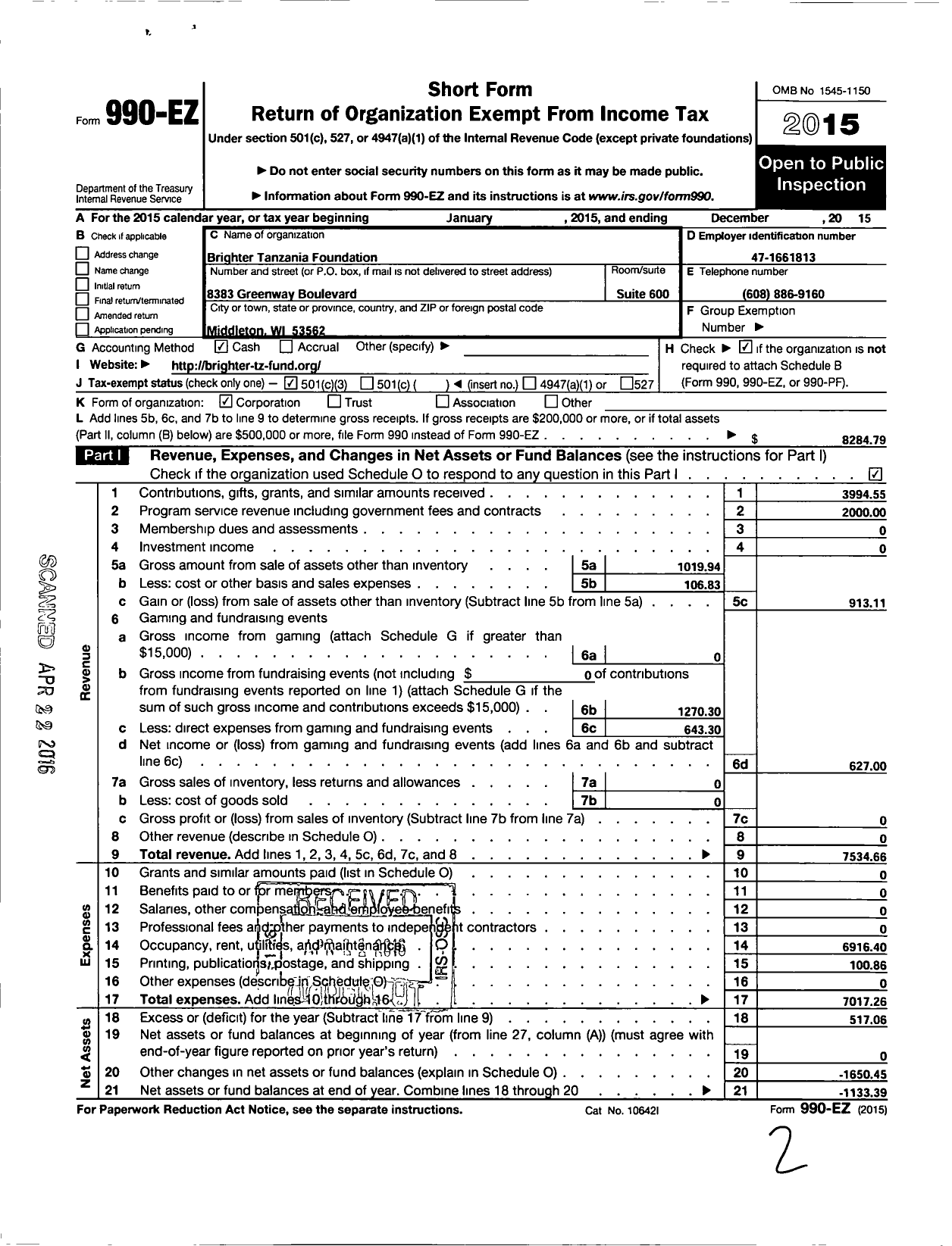 Image of first page of 2015 Form 990EZ for Brighter Tanzania Foundation Incorporated
