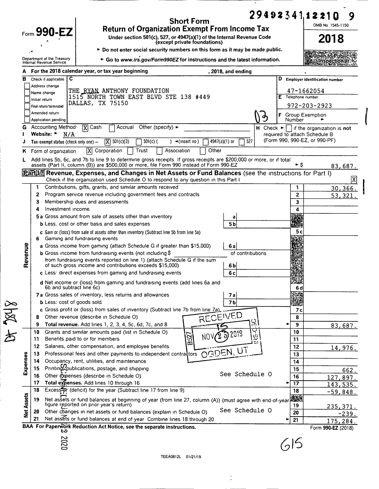 Image of first page of 2018 Form 990EZ for The Ryan Anthony Foundation