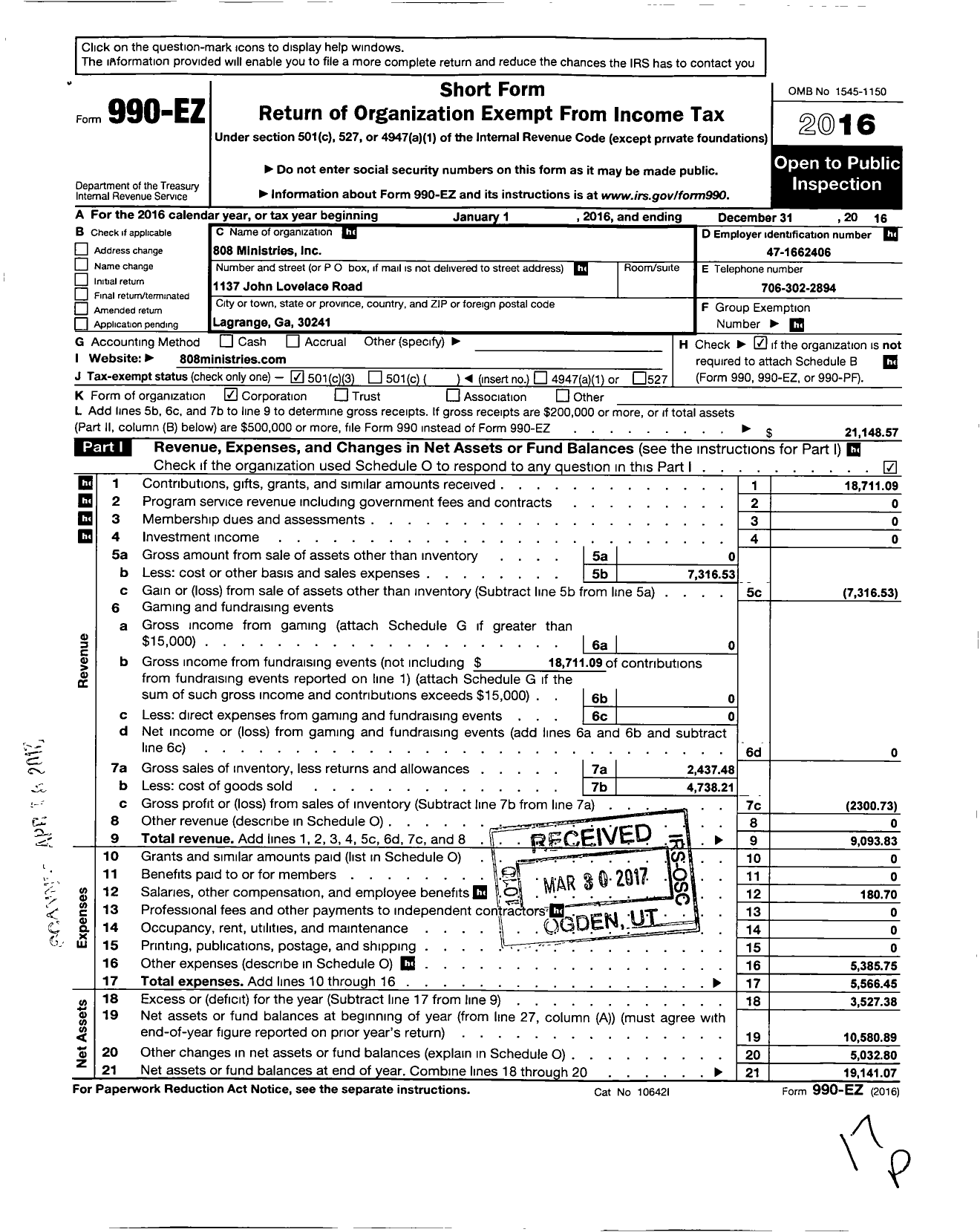 Image of first page of 2016 Form 990EZ for 808 Ministries