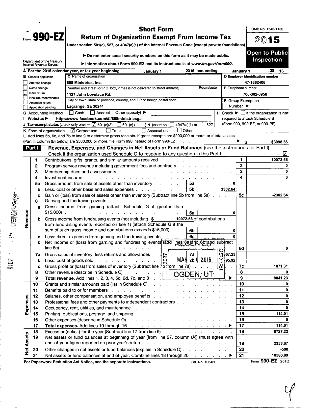 Image of first page of 2015 Form 990EZ for 808 Ministries
