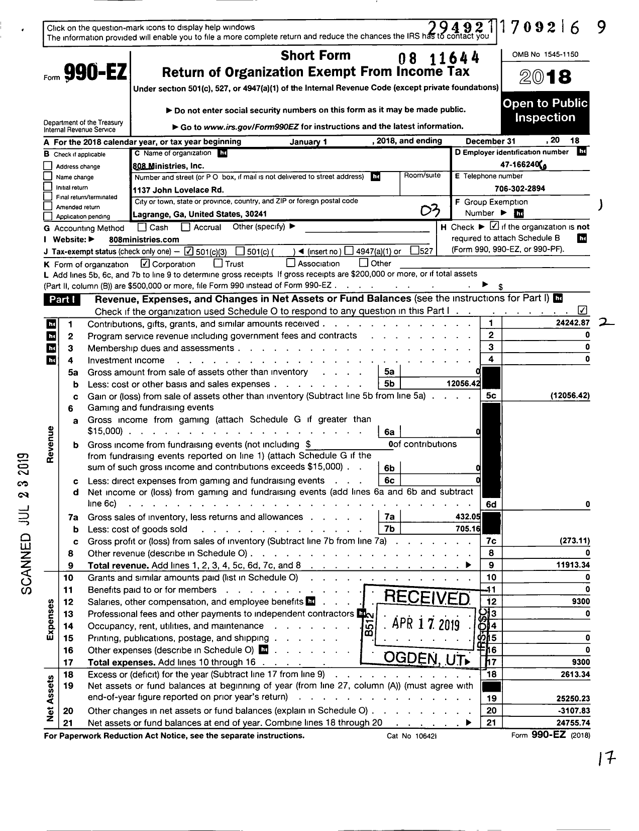Image of first page of 2018 Form 990EZ for 808 Ministries