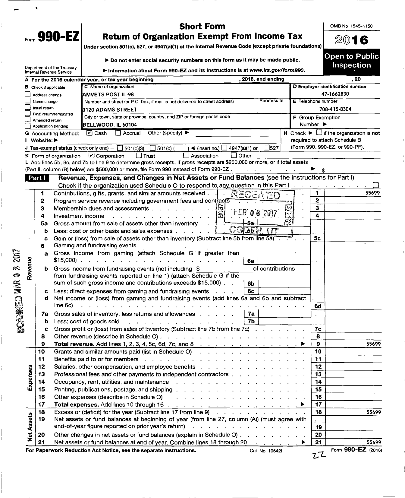 Image of first page of 2016 Form 990EO for Amvets - Il-0098 Illinois Amvets Post