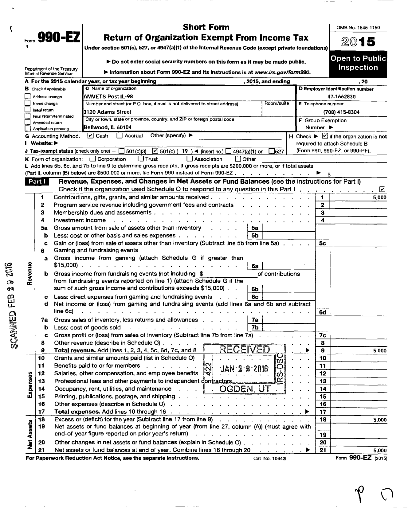 Image of first page of 2015 Form 990EO for Amvets - Il-0098 Illinois Amvets Post