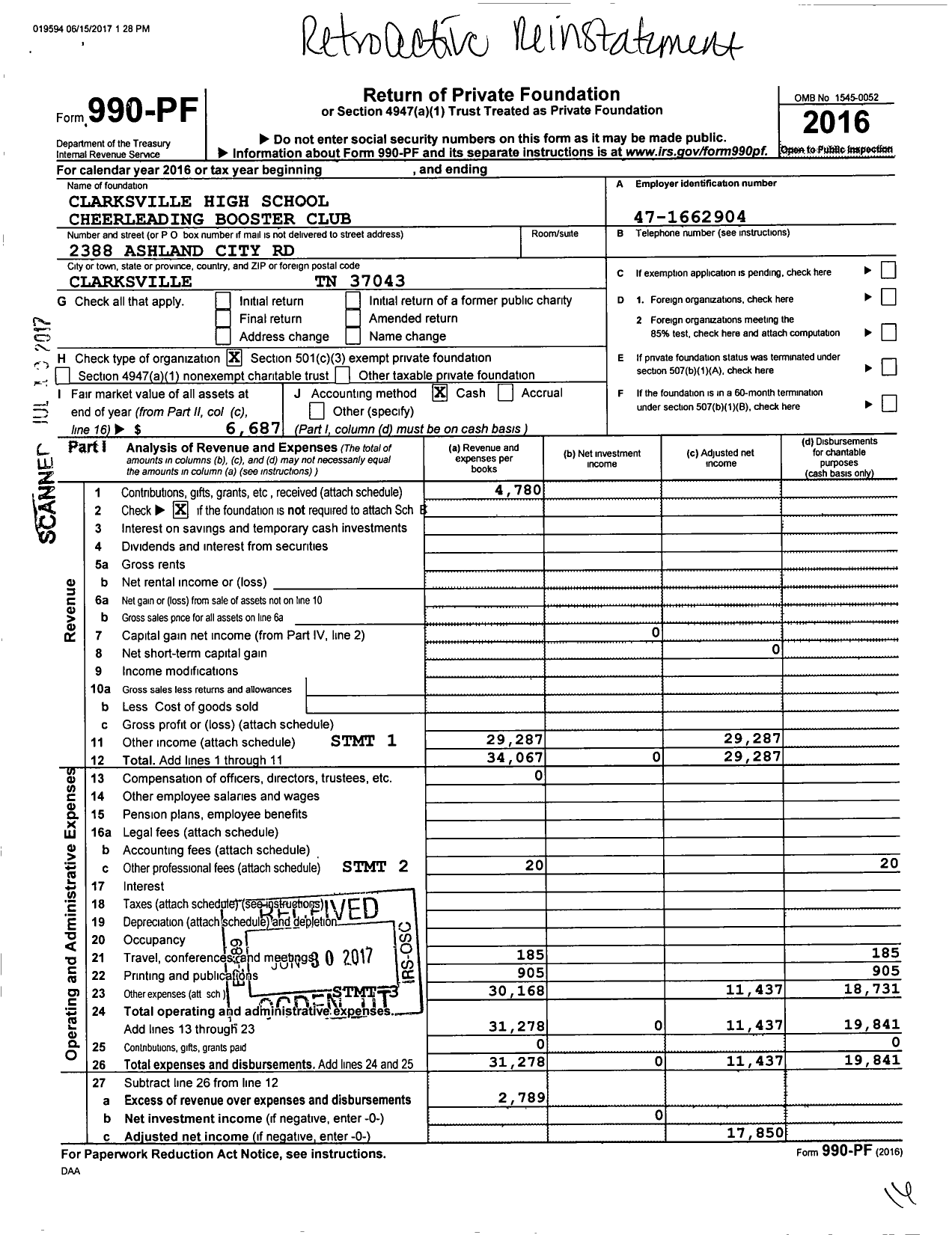 Image of first page of 2016 Form 990PF for Clarksville High School Cheerleading Booster Club