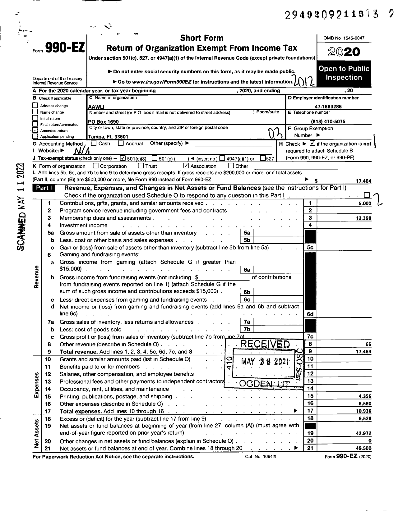 Image of first page of 2020 Form 990EZ for The Alumni Association of the Wedgeworth Leadership Institute (AAWLI)