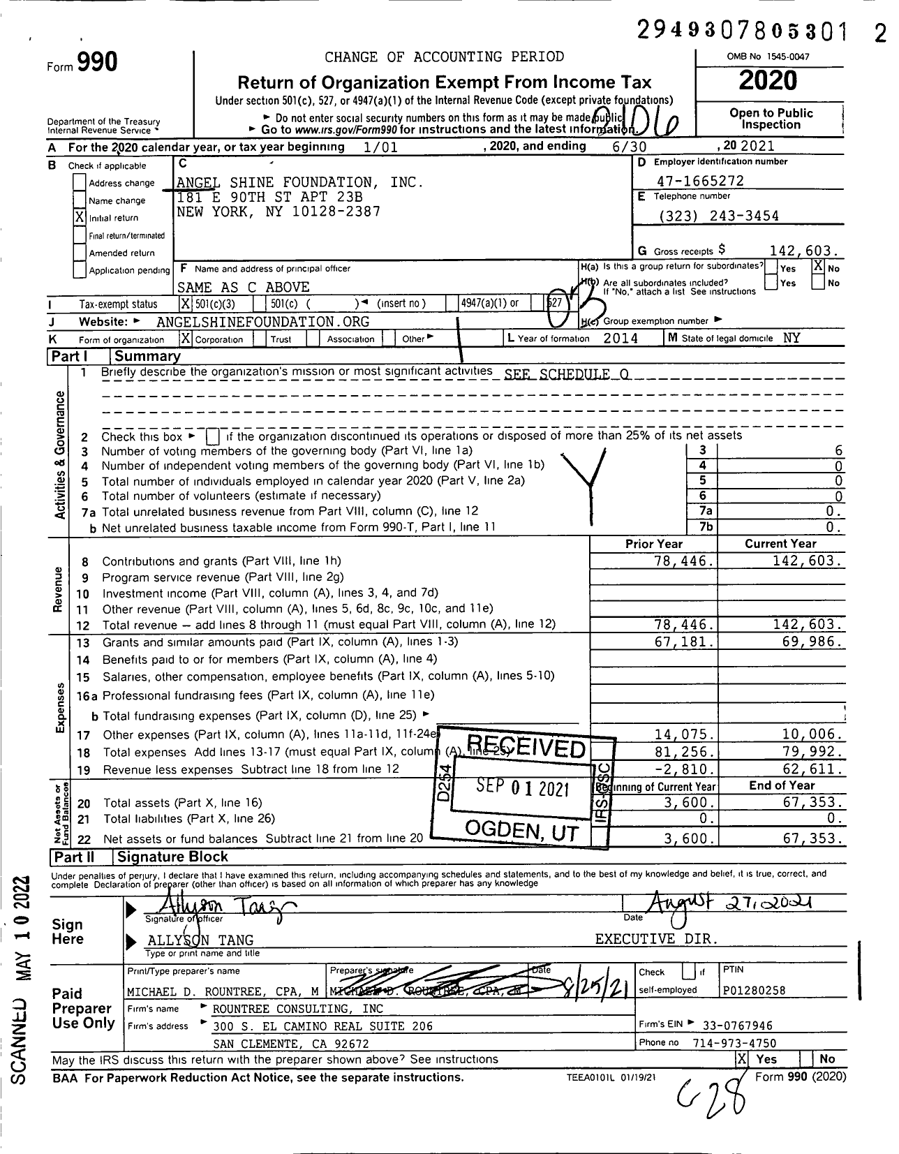 Image of first page of 2020 Form 990 for Angel Shine Foundation