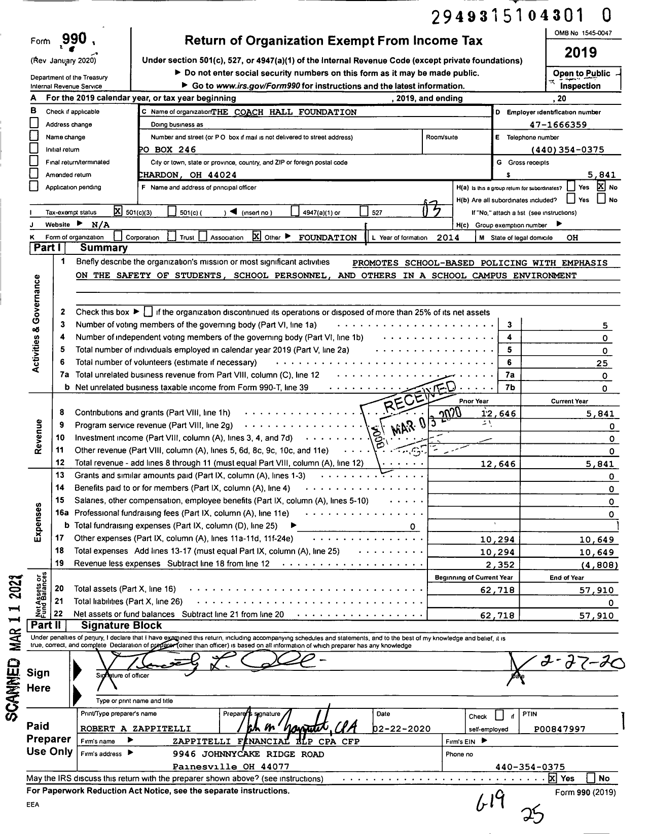 Image of first page of 2019 Form 990 for The Coach Hall Foundation