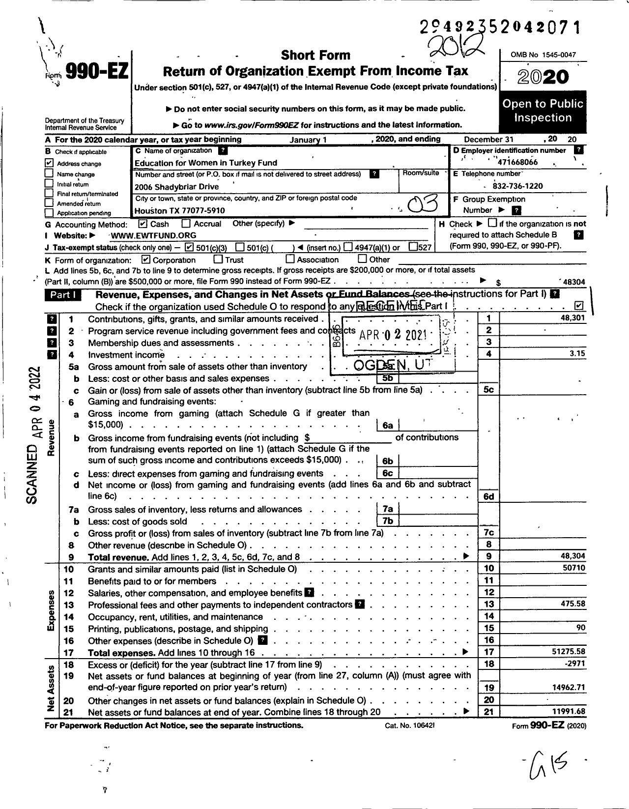 Image of first page of 2020 Form 990EZ for Education for Women in Turkey Fund