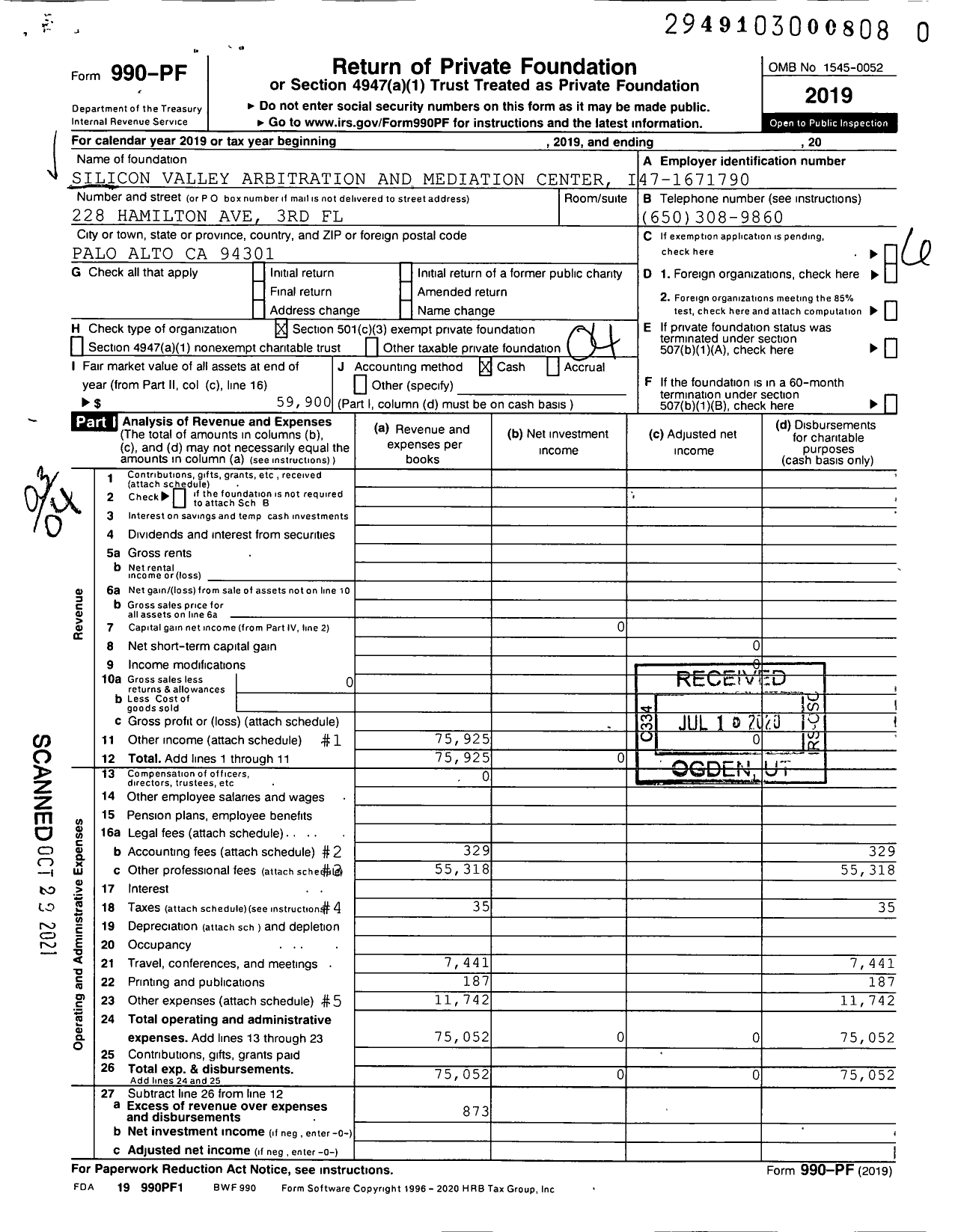 Image of first page of 2019 Form 990PF for Silicon Valley Arbitration and Mediation Center