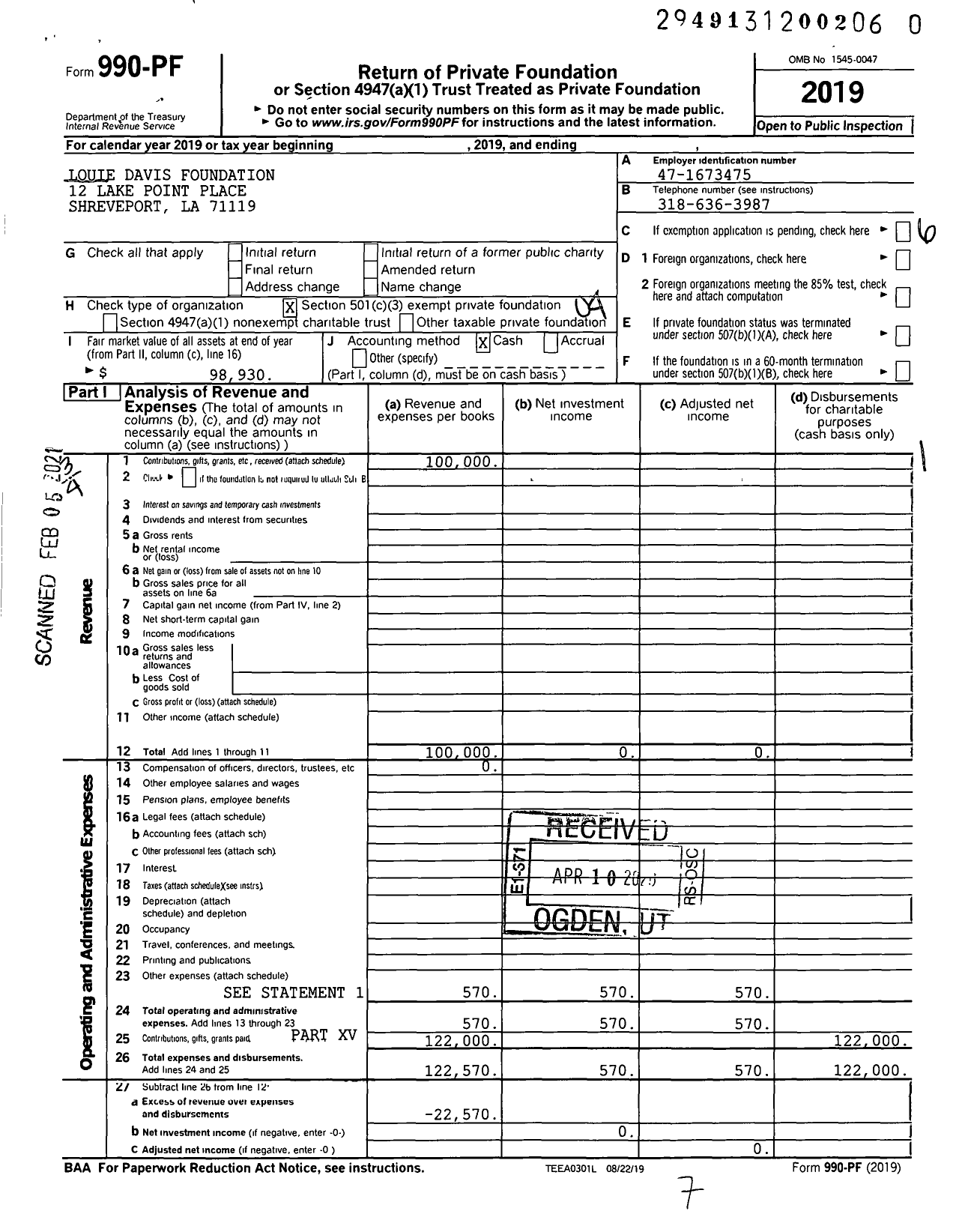 Image of first page of 2019 Form 990PF for Louie Davis Foundation