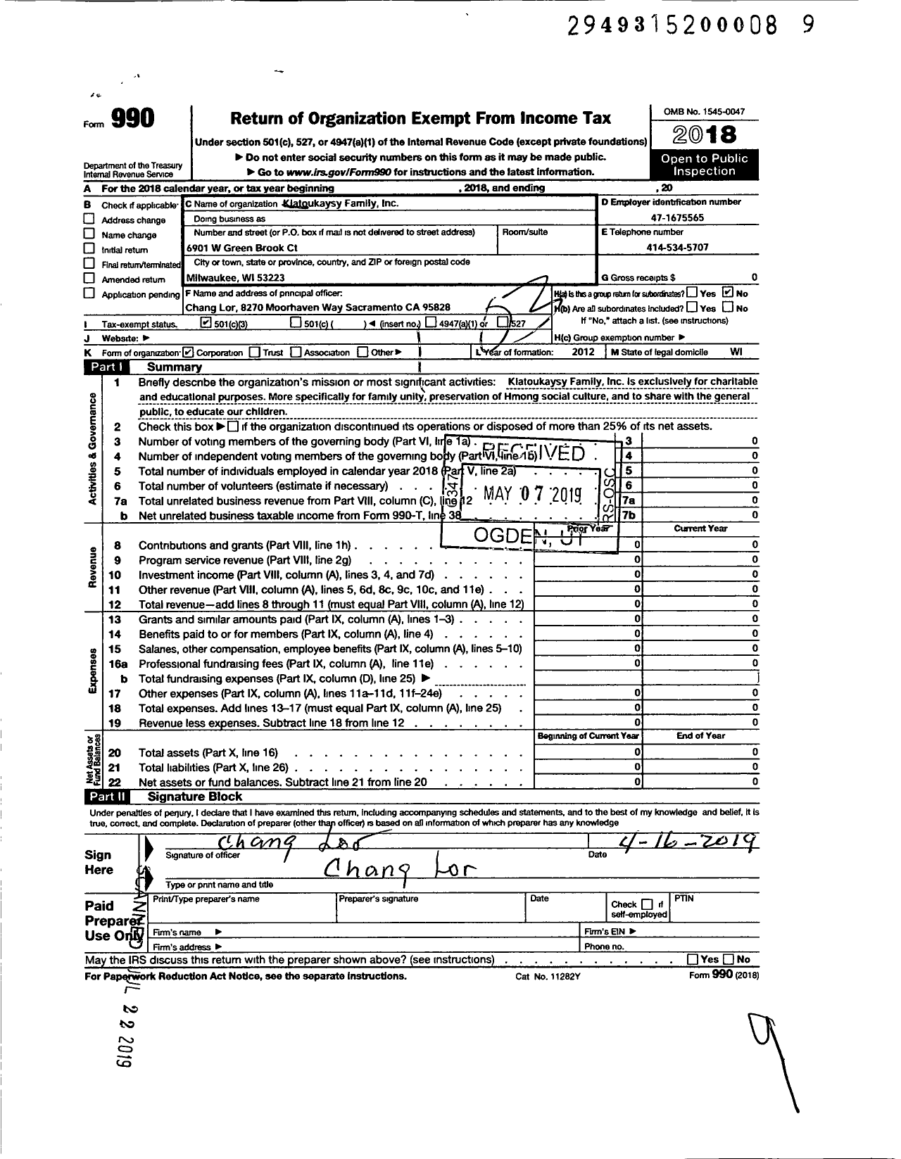 Image of first page of 2018 Form 990 for Kiatoukaysy Family