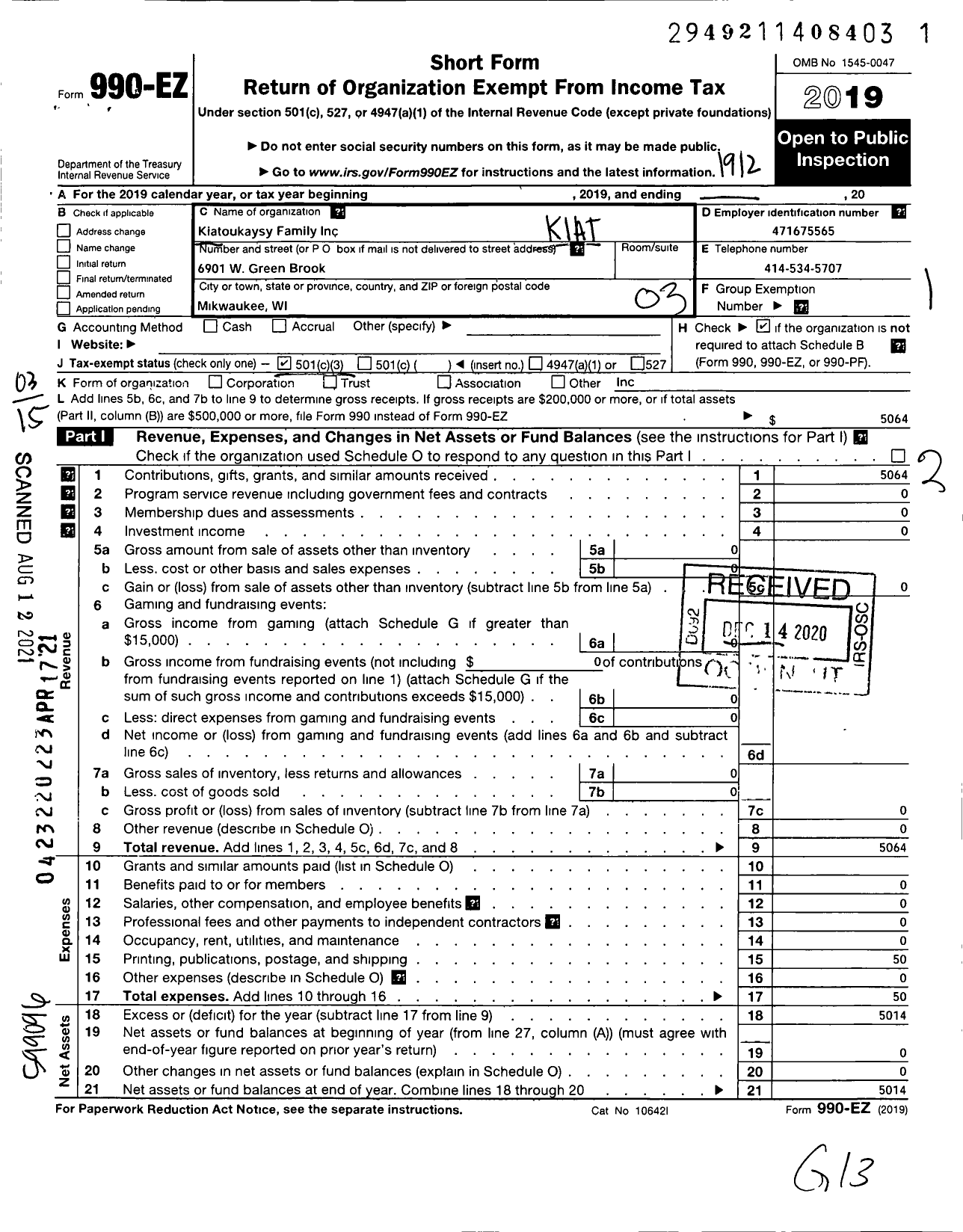 Image of first page of 2019 Form 990EZ for Kiatoukaysy Family