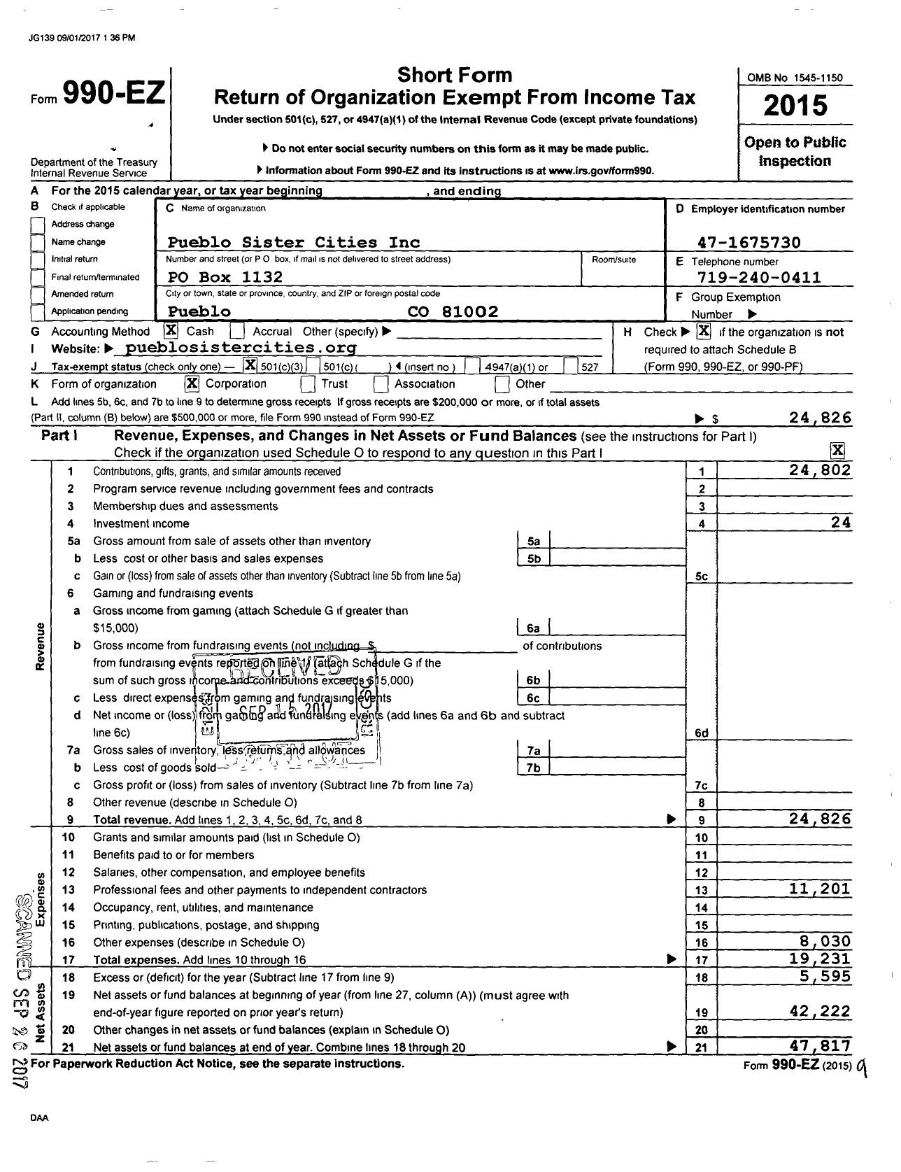 Image of first page of 2015 Form 990EZ for Pueblo Sister Cities