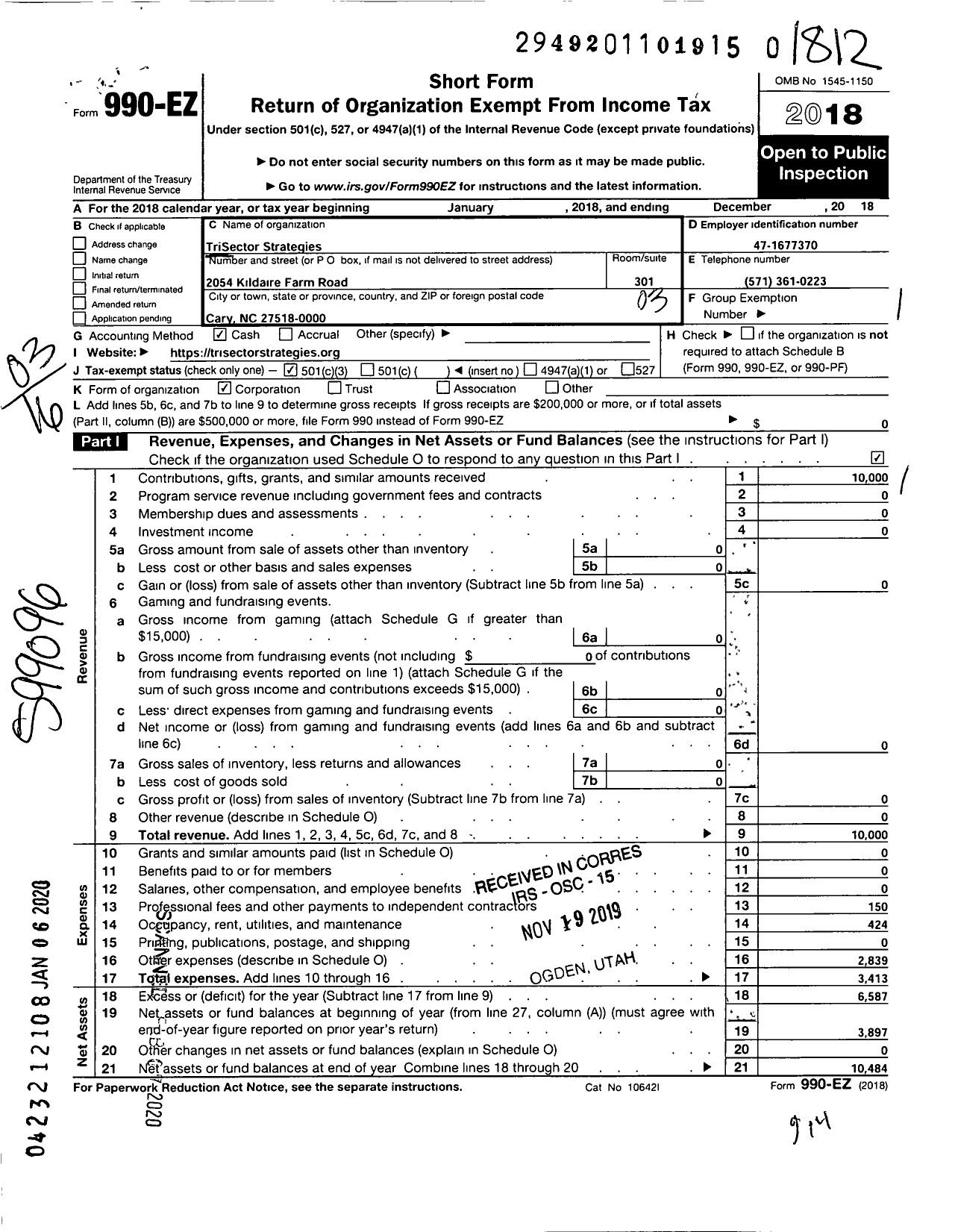 Image of first page of 2018 Form 990EZ for Trisector Strategies