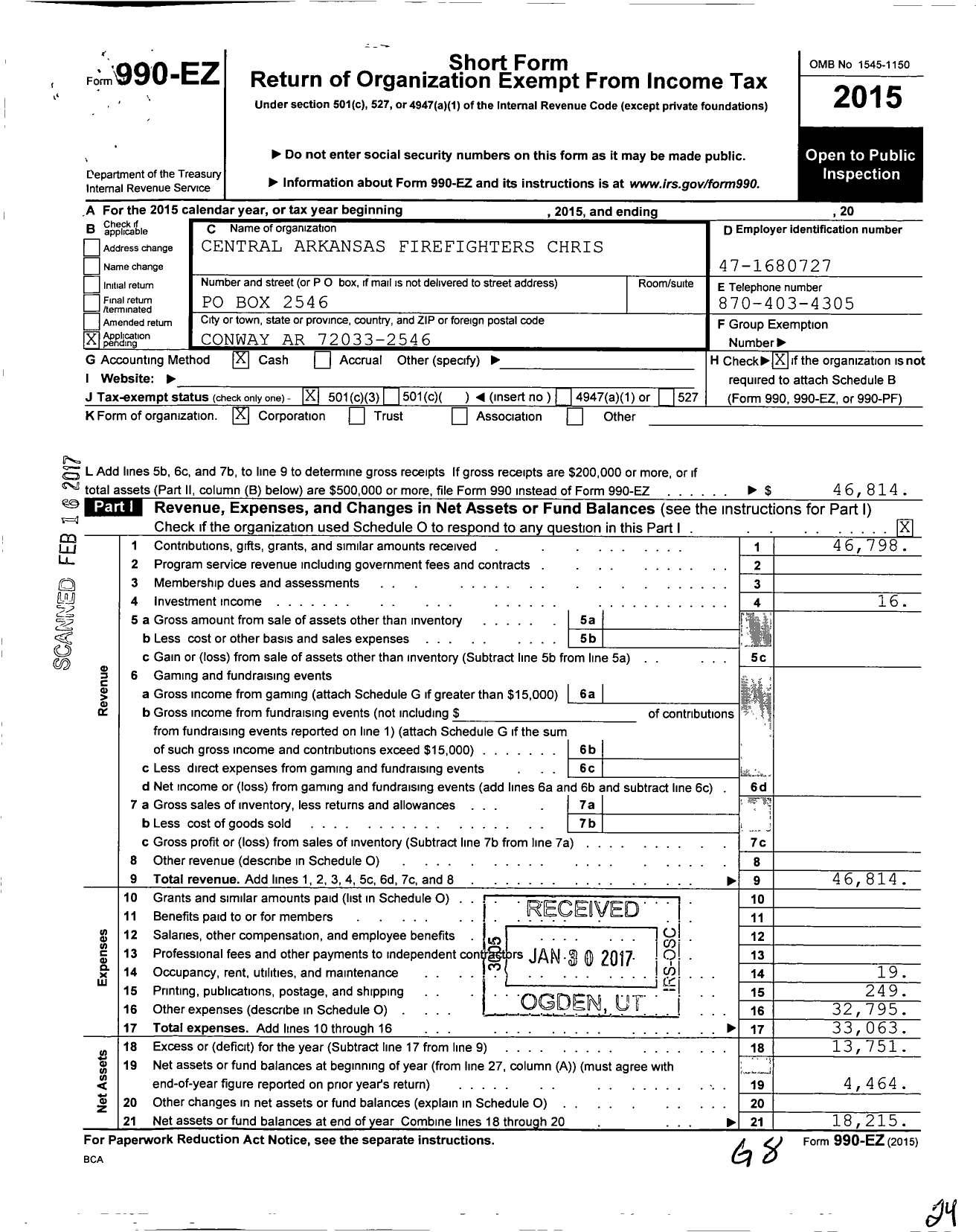 Image of first page of 2015 Form 990EZ for Central Arkansas Firefighters Christmas Boot Drive