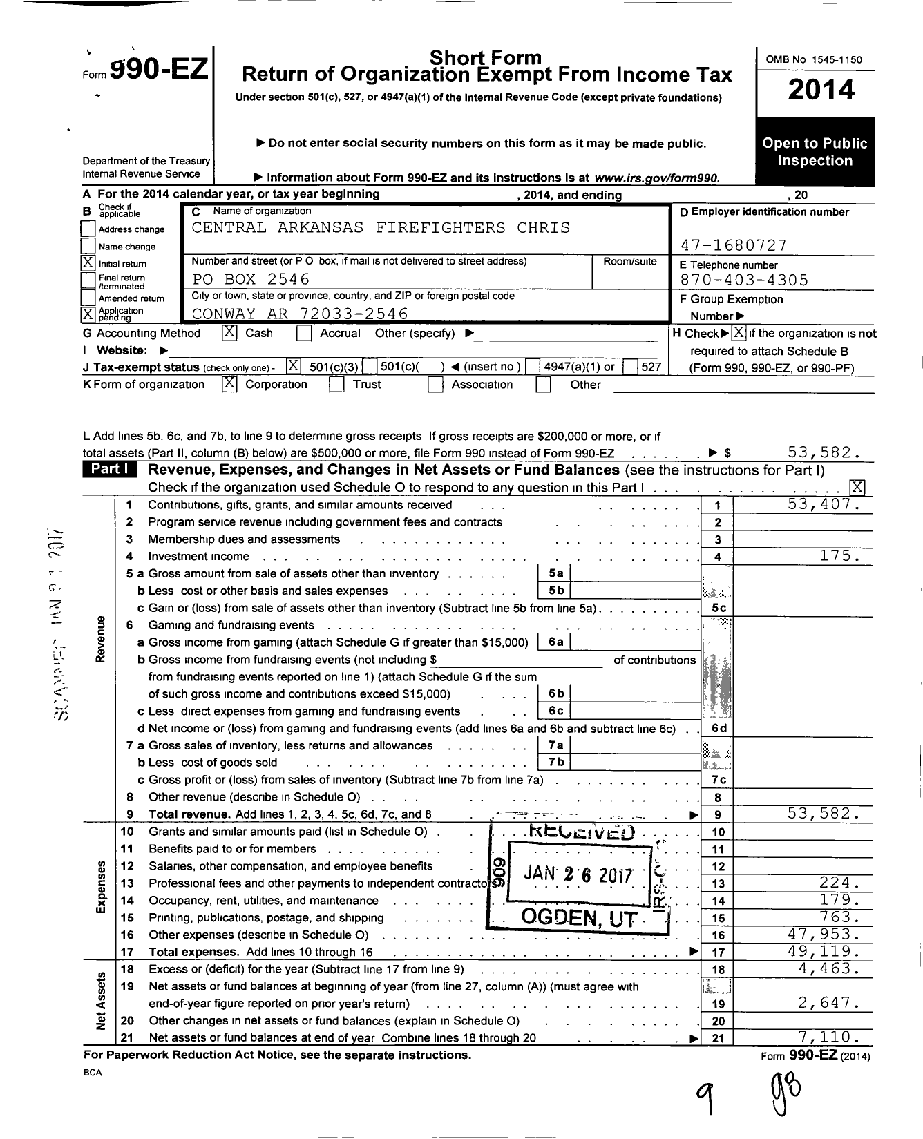 Image of first page of 2014 Form 990EZ for Central Arkansas Firefighters Christmas Boot Drive