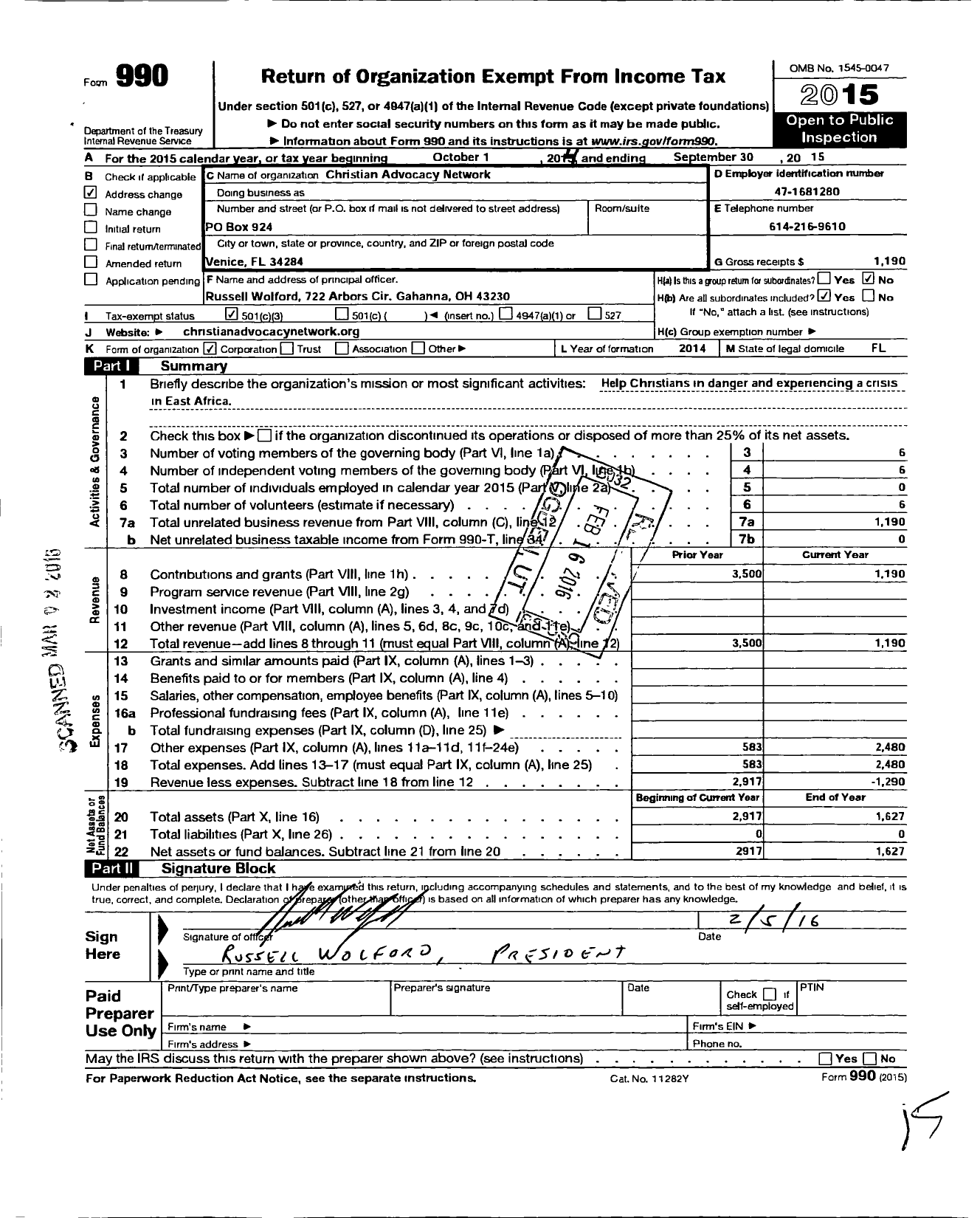 Image of first page of 2014 Form 990 for Christian Advocacy Network