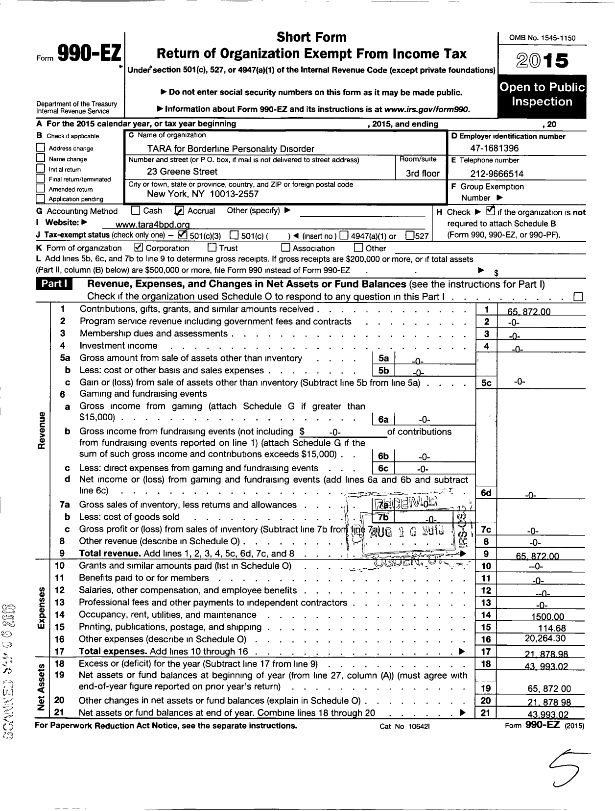 Image of first page of 2015 Form 990EZ for Tara4bpd