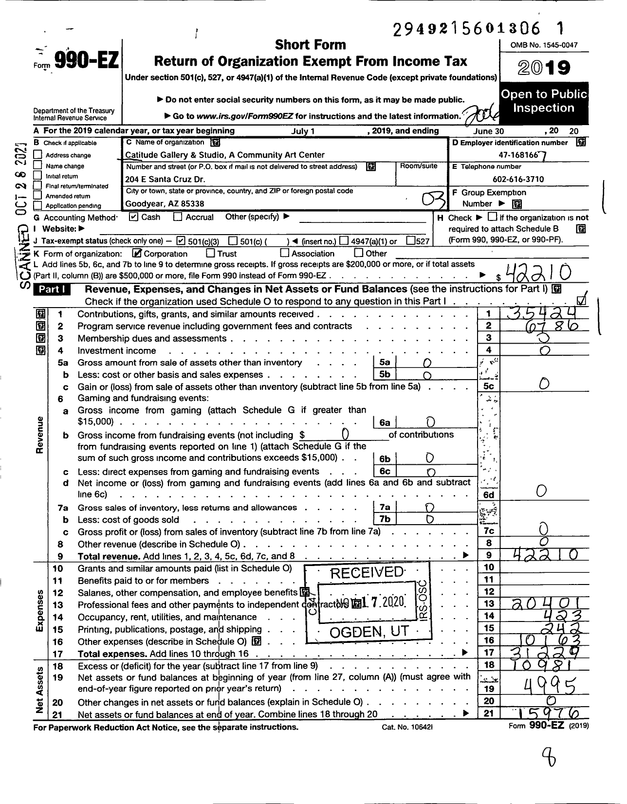 Image of first page of 2019 Form 990EZ for Catitude Arts