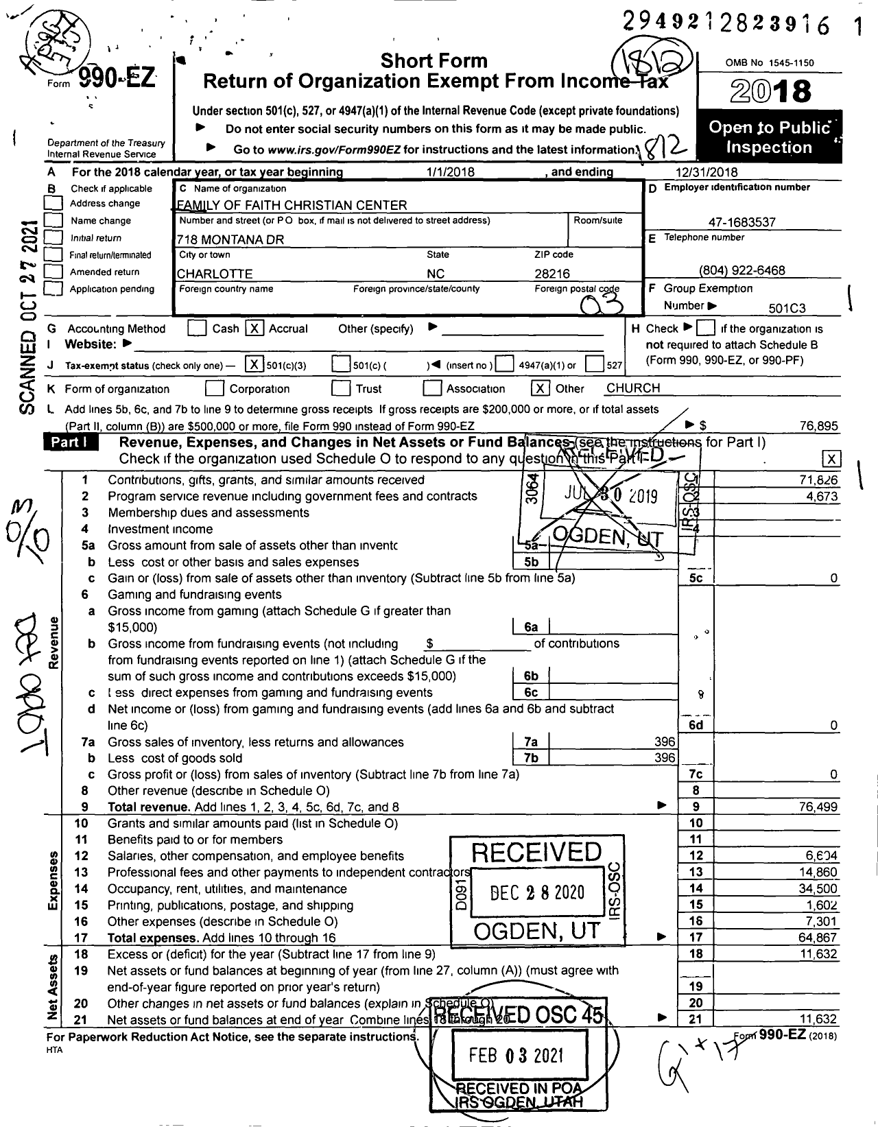 Image of first page of 2018 Form 990EZ for Family of Faith Christian Center