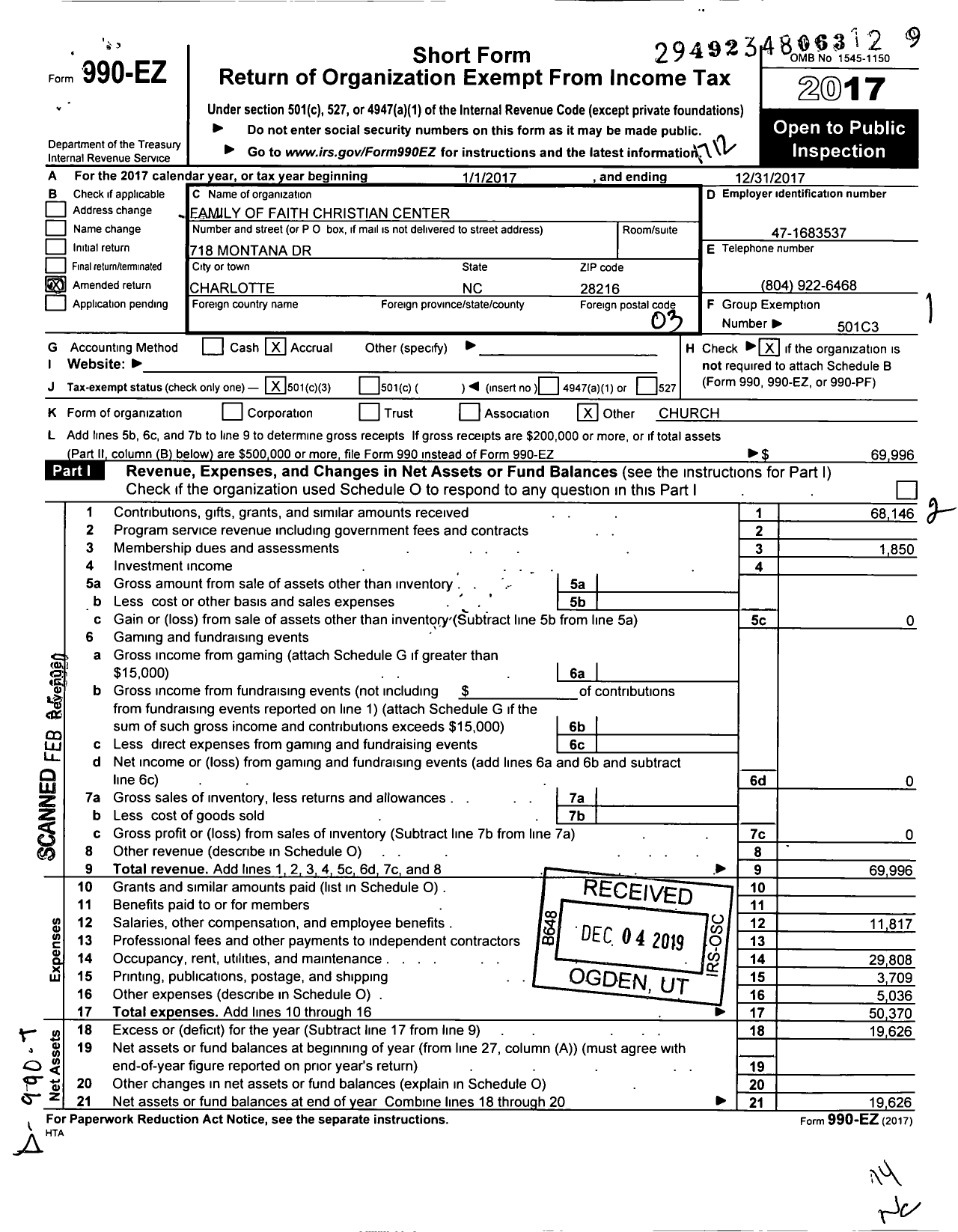 Image of first page of 2017 Form 990EZ for Family of Faith Christian Center