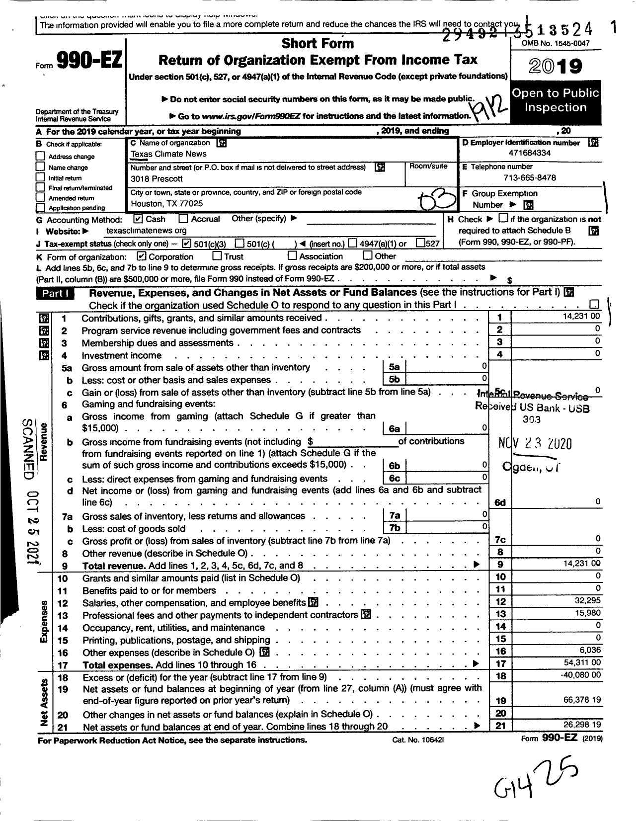 Image of first page of 2019 Form 990EZ for Texas Climate News