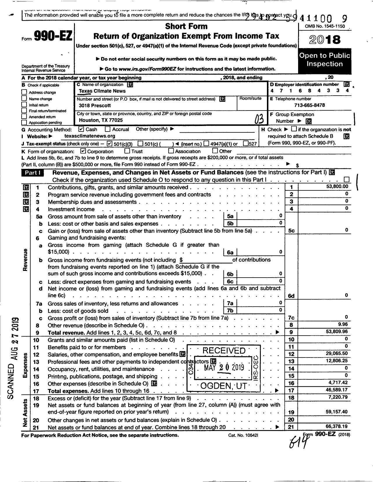 Image of first page of 2018 Form 990EZ for Texas Climate News