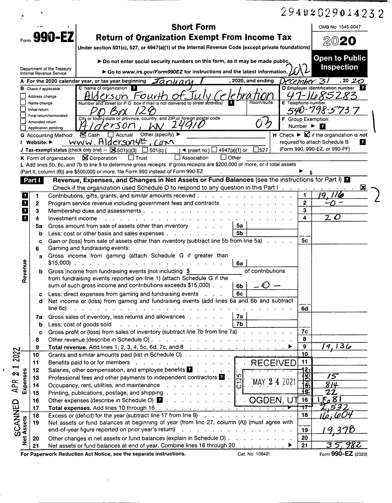 Image of first page of 2020 Form 990EZ for Alderson Fourth of July Celebration