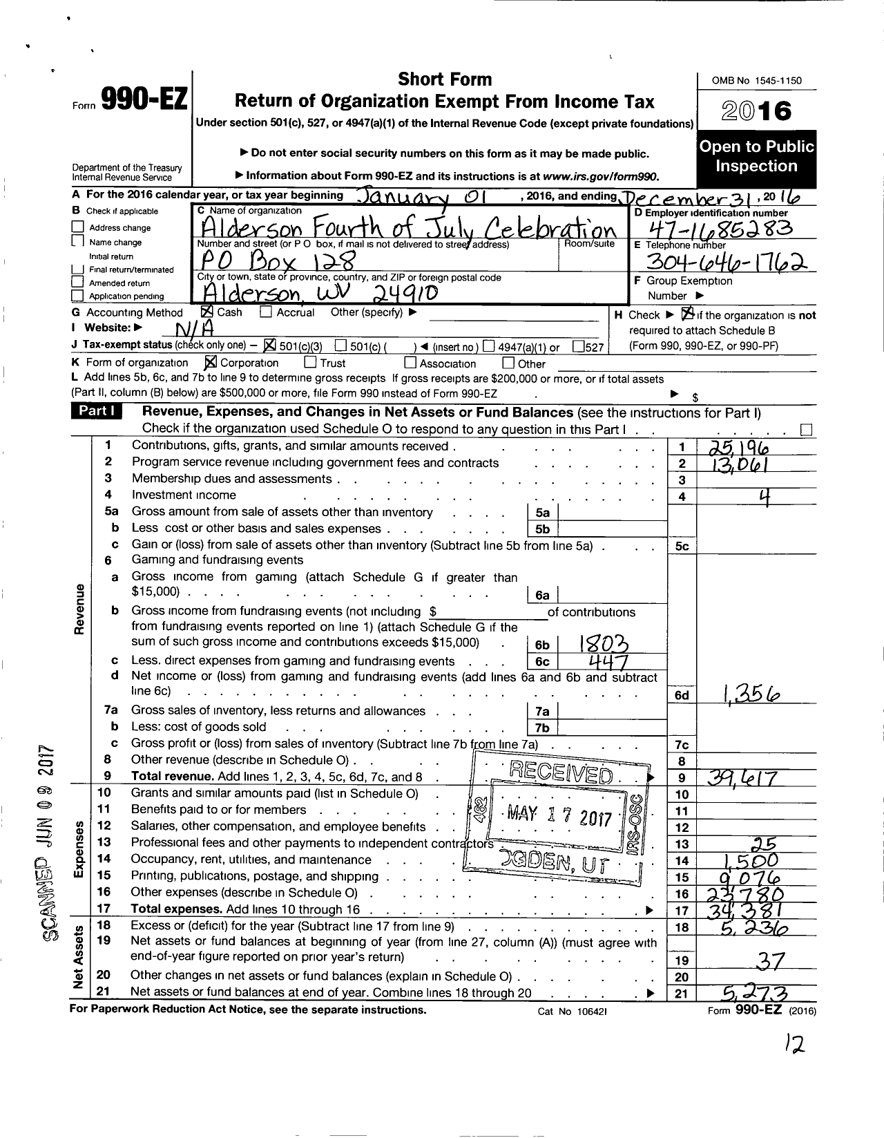 Image of first page of 2016 Form 990EZ for Alderson Fourth of July Celebration