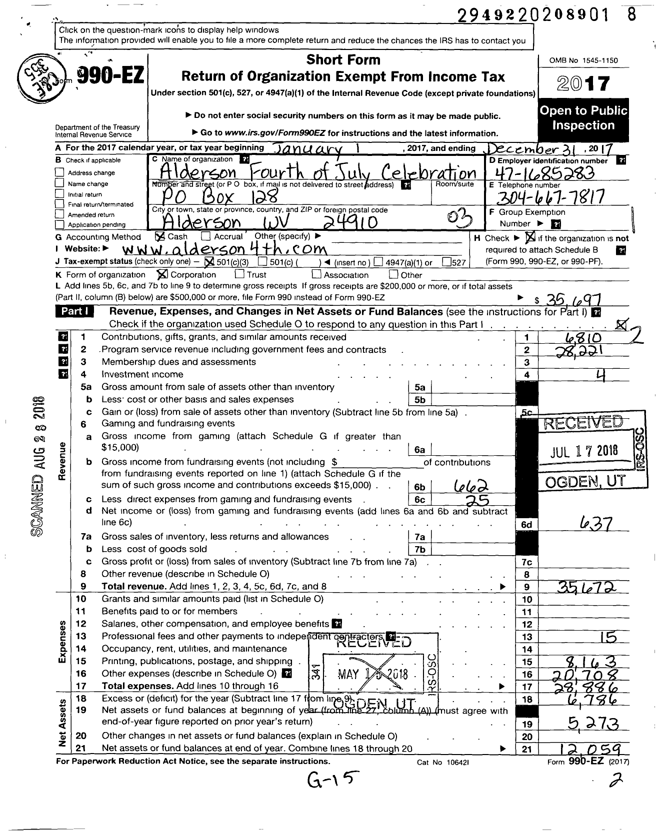 Image of first page of 2017 Form 990EZ for Alderson Fourth of July Celebration