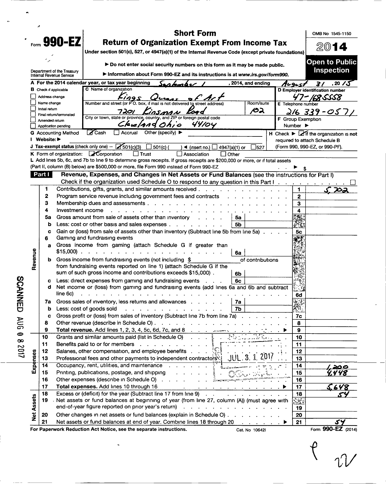 Image of first page of 2014 Form 990EZ for Kings and Queens of Art