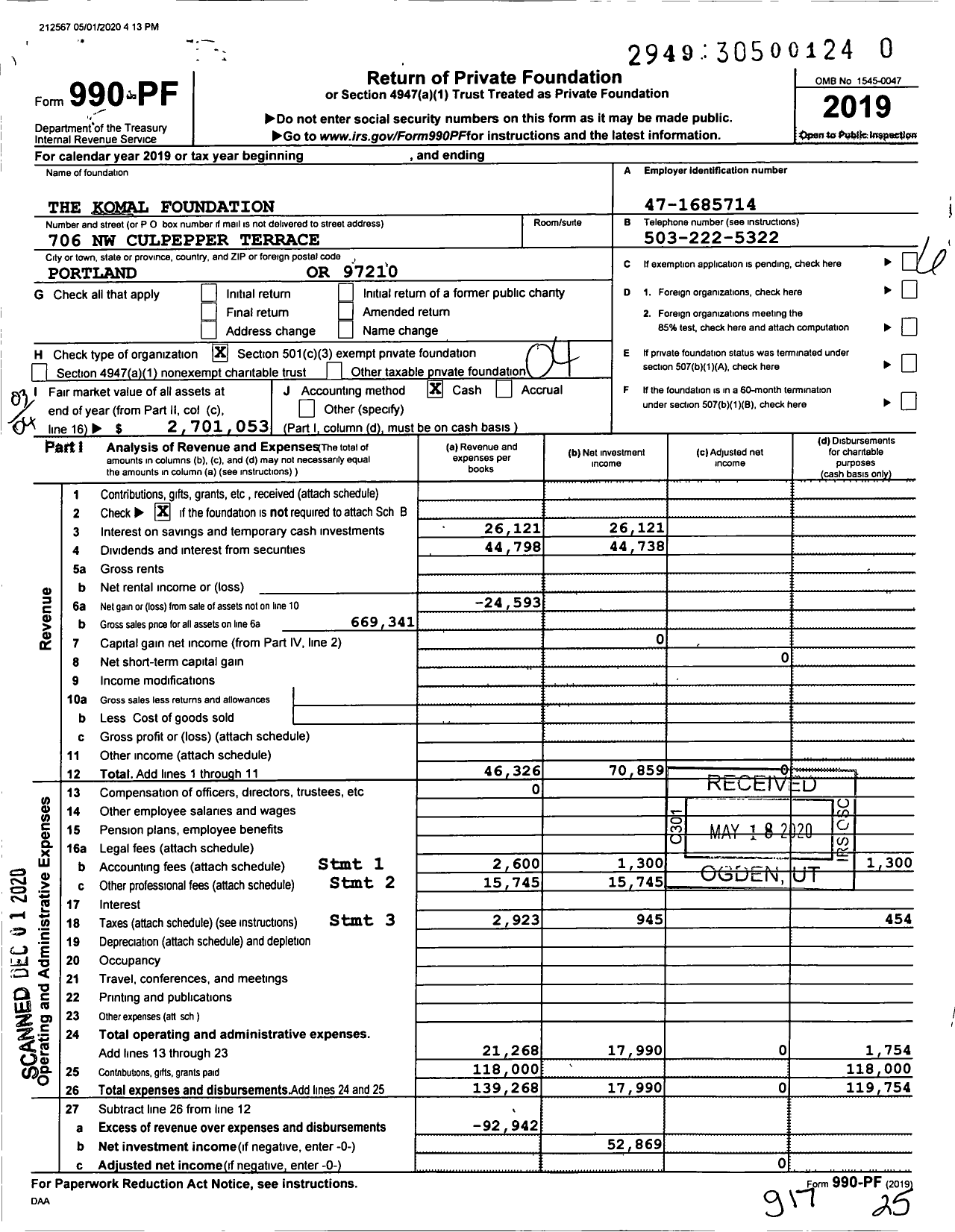 Image of first page of 2019 Form 990PF for The Komal Foundation