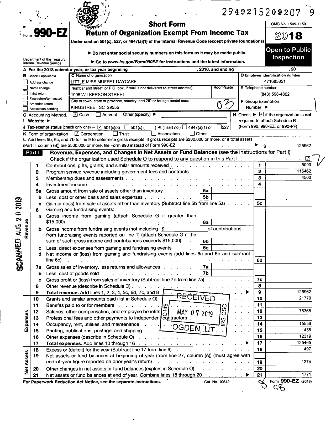 Image of first page of 2018 Form 990EZ for Little Miss Muffet Daycare