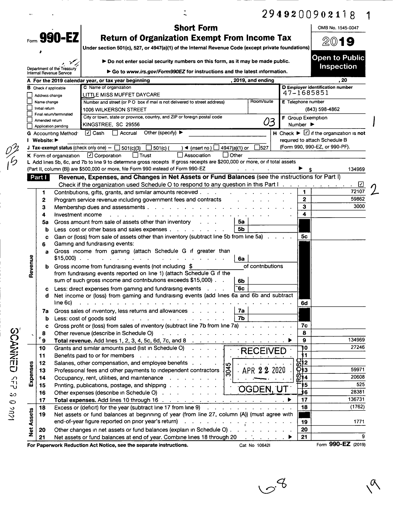 Image of first page of 2019 Form 990EZ for Little Miss Muffet Daycare