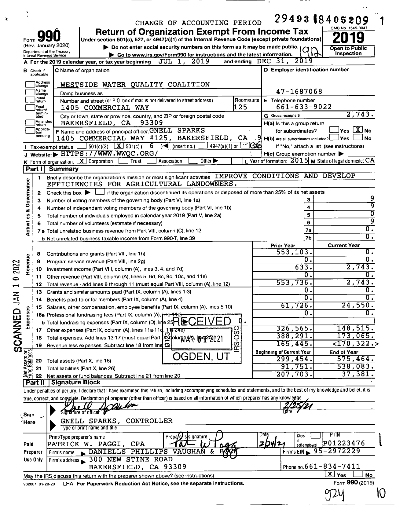 Image of first page of 2019 Form 990O for Westside Water Quality Coalition