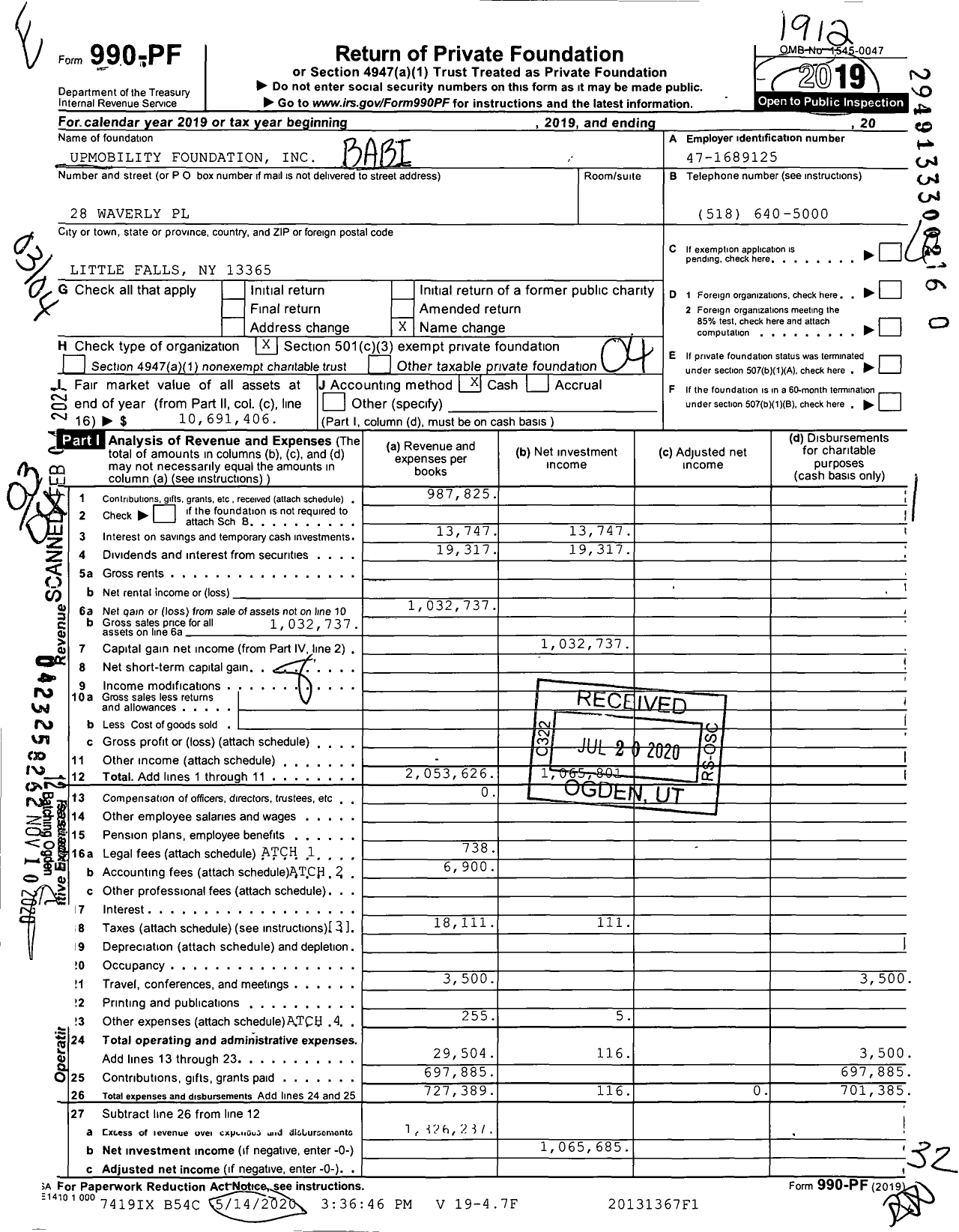 Image of first page of 2019 Form 990PF for UpMobility Foundation