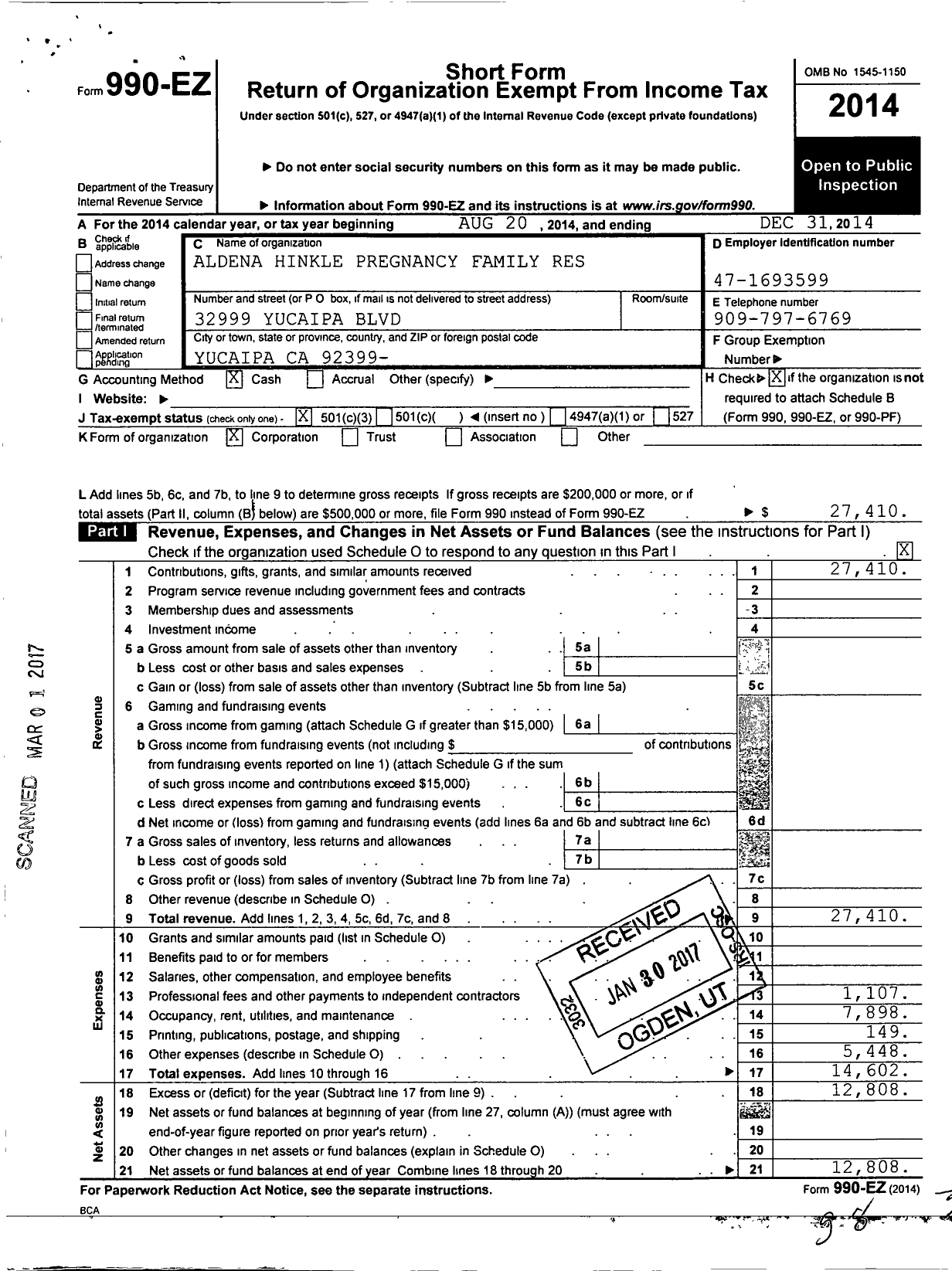 Image of first page of 2014 Form 990EZ for Aldeana Hinkle Pregnancy and Family Resource Center