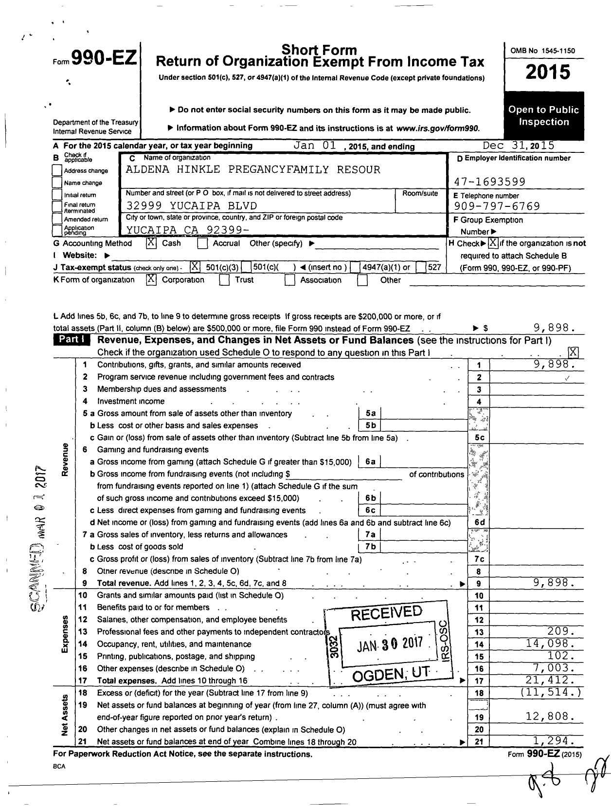 Image of first page of 2015 Form 990EZ for Aldeana Hinkle Pregnancy and Family Resource Center