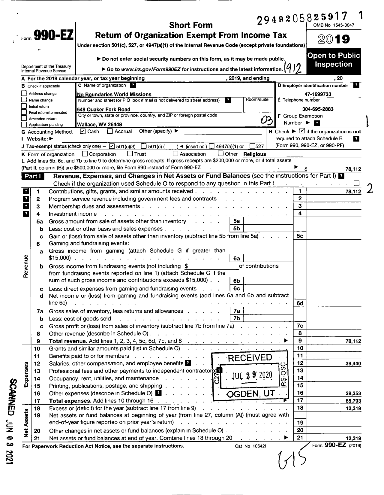 Image of first page of 2019 Form 990EZ for No Boundaries World Missions