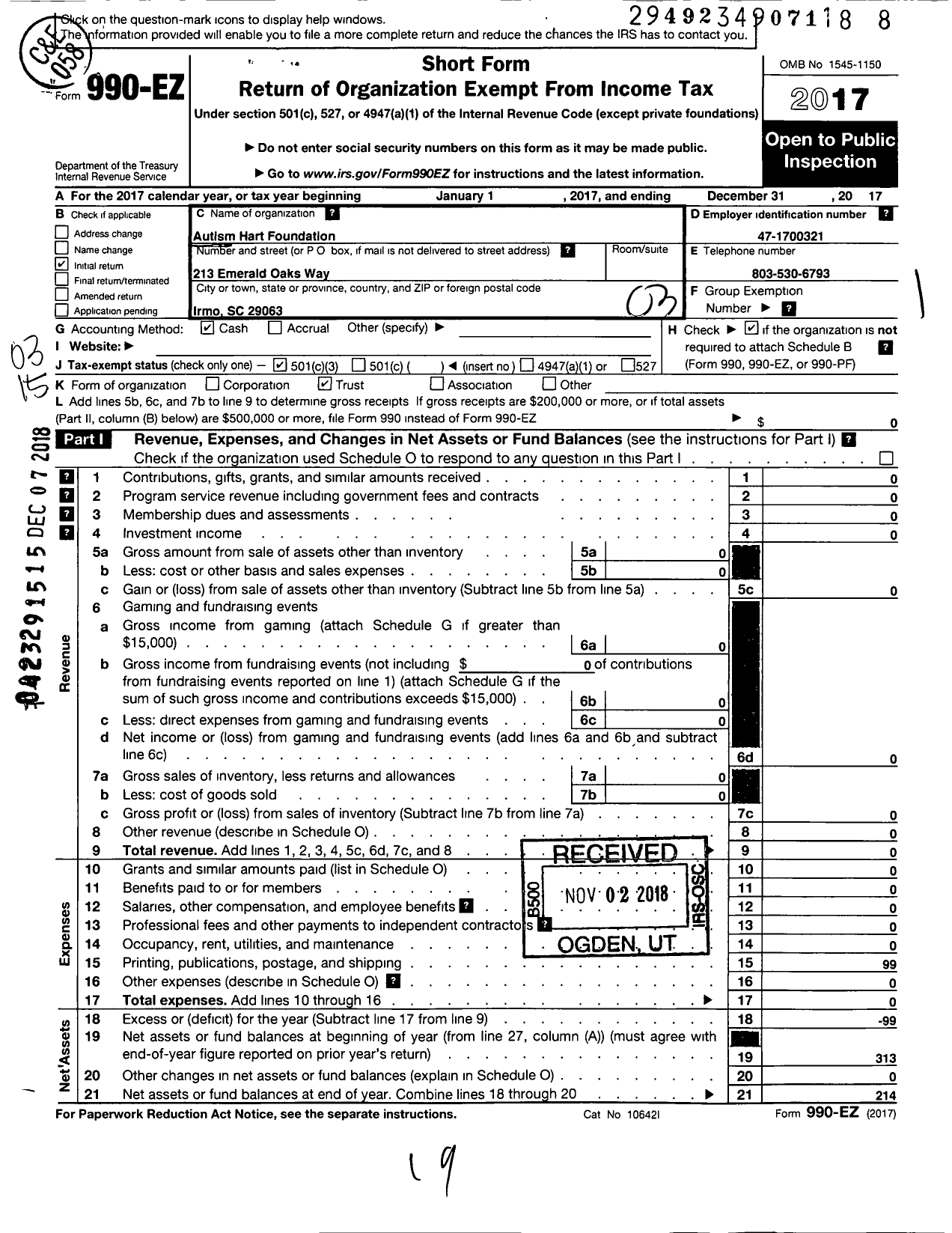 Image of first page of 2017 Form 990EZ for Autism Hart Foundation