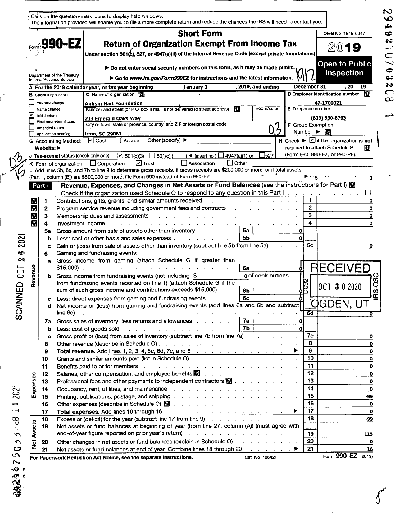 Image of first page of 2019 Form 990EZ for Autism Hart Foundation