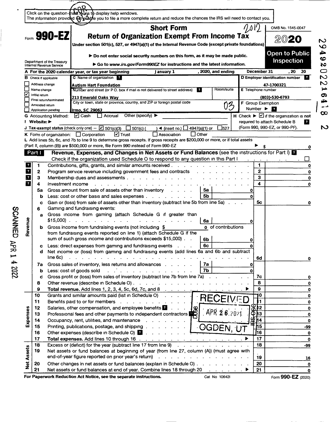 Image of first page of 2020 Form 990EZ for Autism Hart Foundation