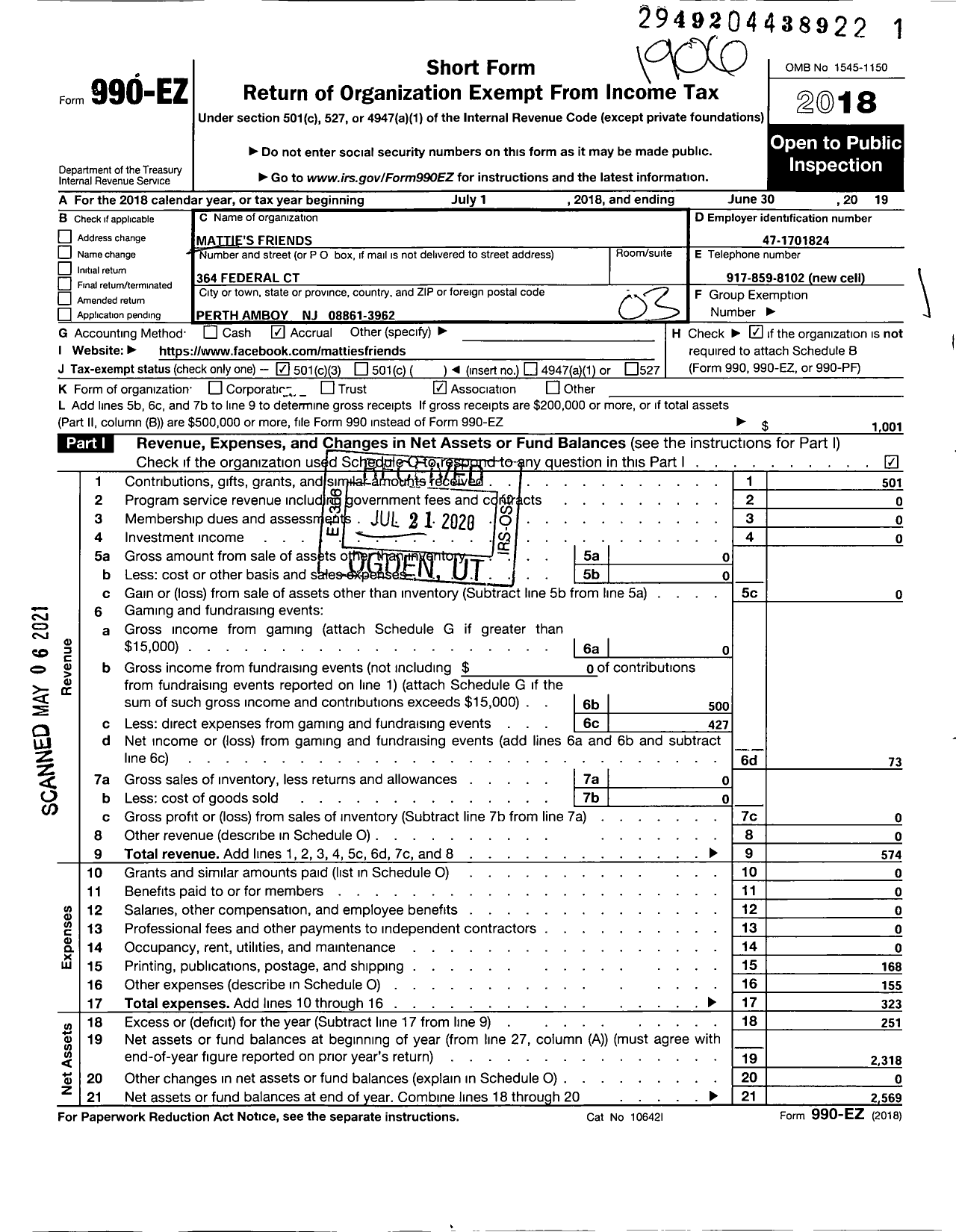 Image of first page of 2018 Form 990EZ for Matties Friends